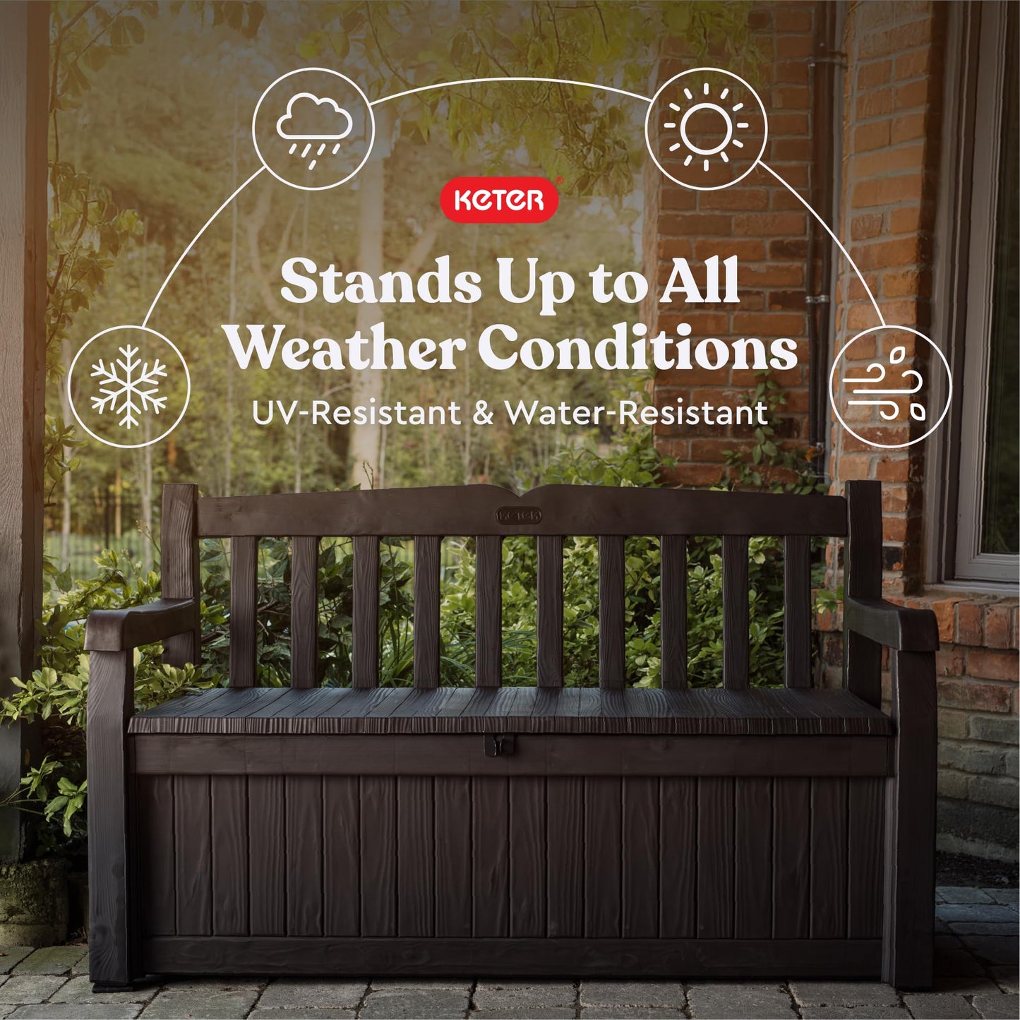 Keter Solana 70 Gallon Storage Bench Deck Box for Patio Furniture, Front Porch Decor and Outdoor Seating – Perfect to Store Garden Tools and Pool Toys, Brown/Brown