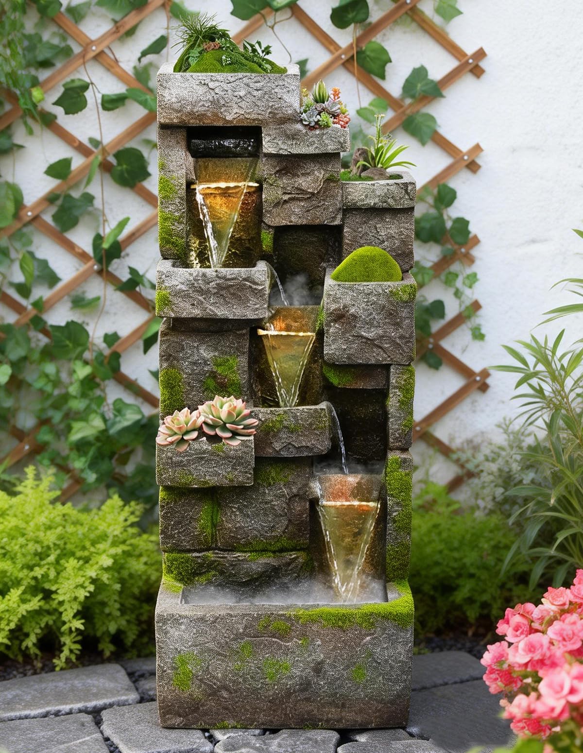 EKRISON 41.7" Outdoor Water Fountains 3 Tier Modern Floor-Standing Fountain with LED Lights and Pump Outdoor Rock Waterfall Fountain for Garden, Yard, Porch, Patio, Home Decor, Yellow