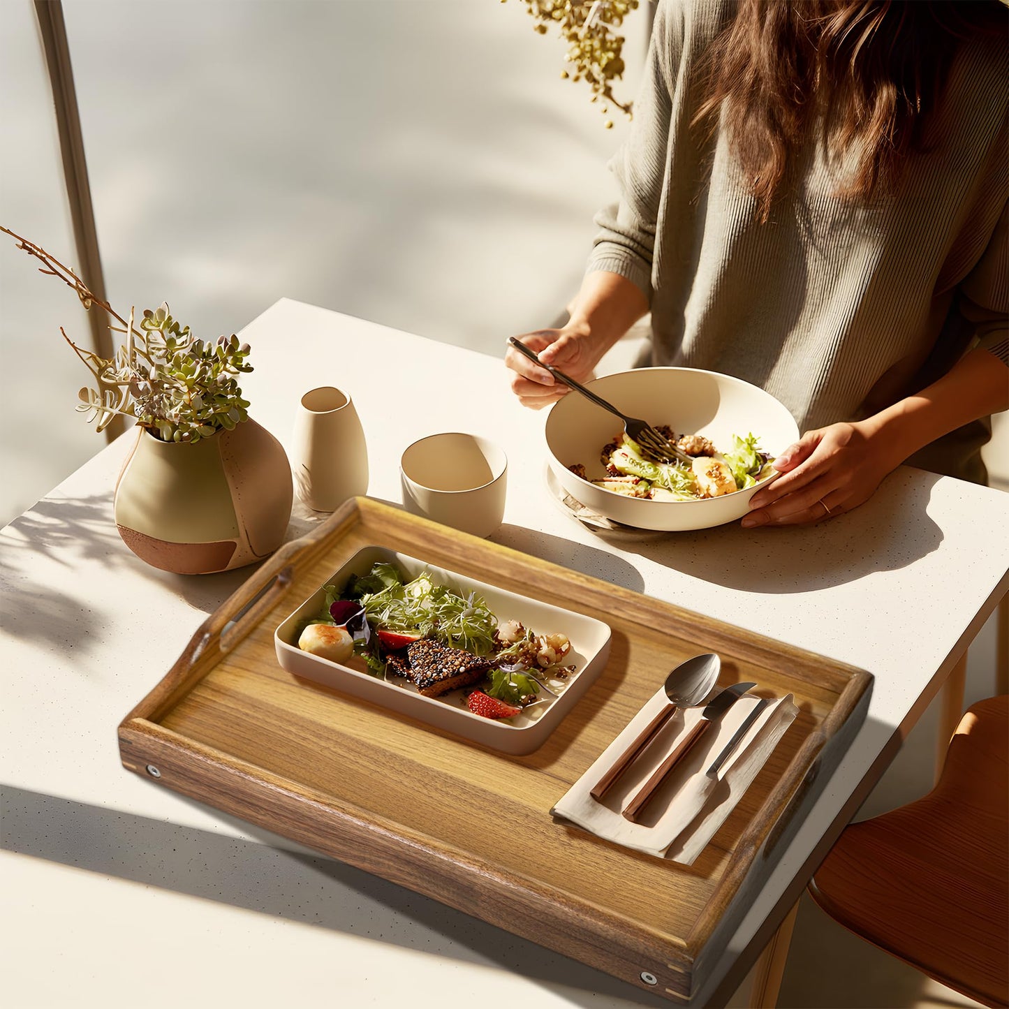 Utoplike Acacia Bed Tray for Eating, Breakfast Trays with Foldable Legs for Bed, Wood Folding Serving Table for Sofa