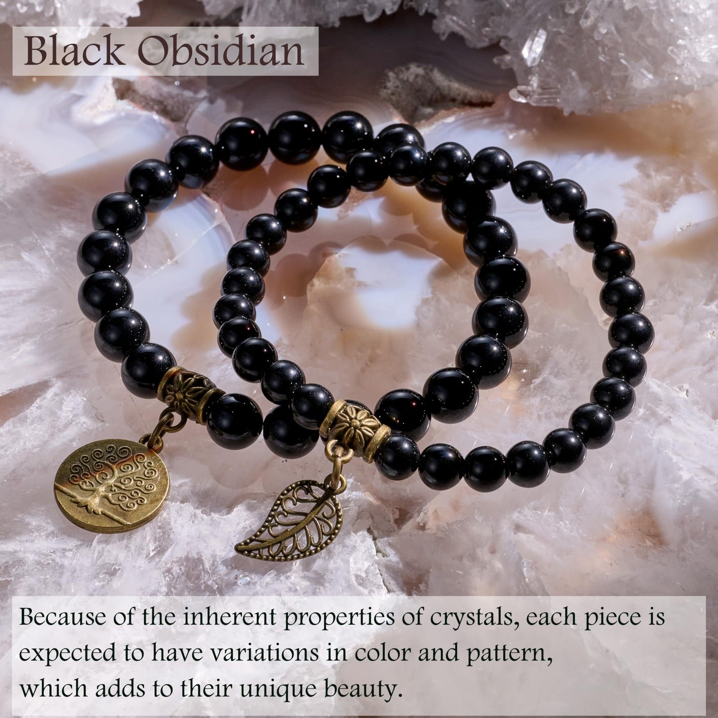 Bivei Natural Semi Precious Gemstone Beads Bracelet for Women - Life Tree and Leaf Charm Chakra Energy Anxiety Stretch Bracelets(Black Obsidian Bracelet Set)