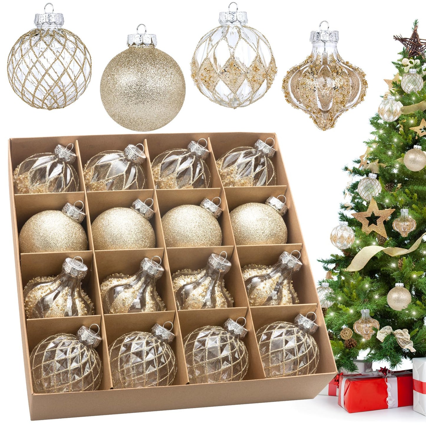 3.15" Clear and Champagne Christmas Ball Ornaments Set, 16 Pcs Luxury Hand-Painted Xmas Tree Decoration, Large Shatterproof Rustic Farmhouse Balls for Party Holiday Wreath Garland Home Decor