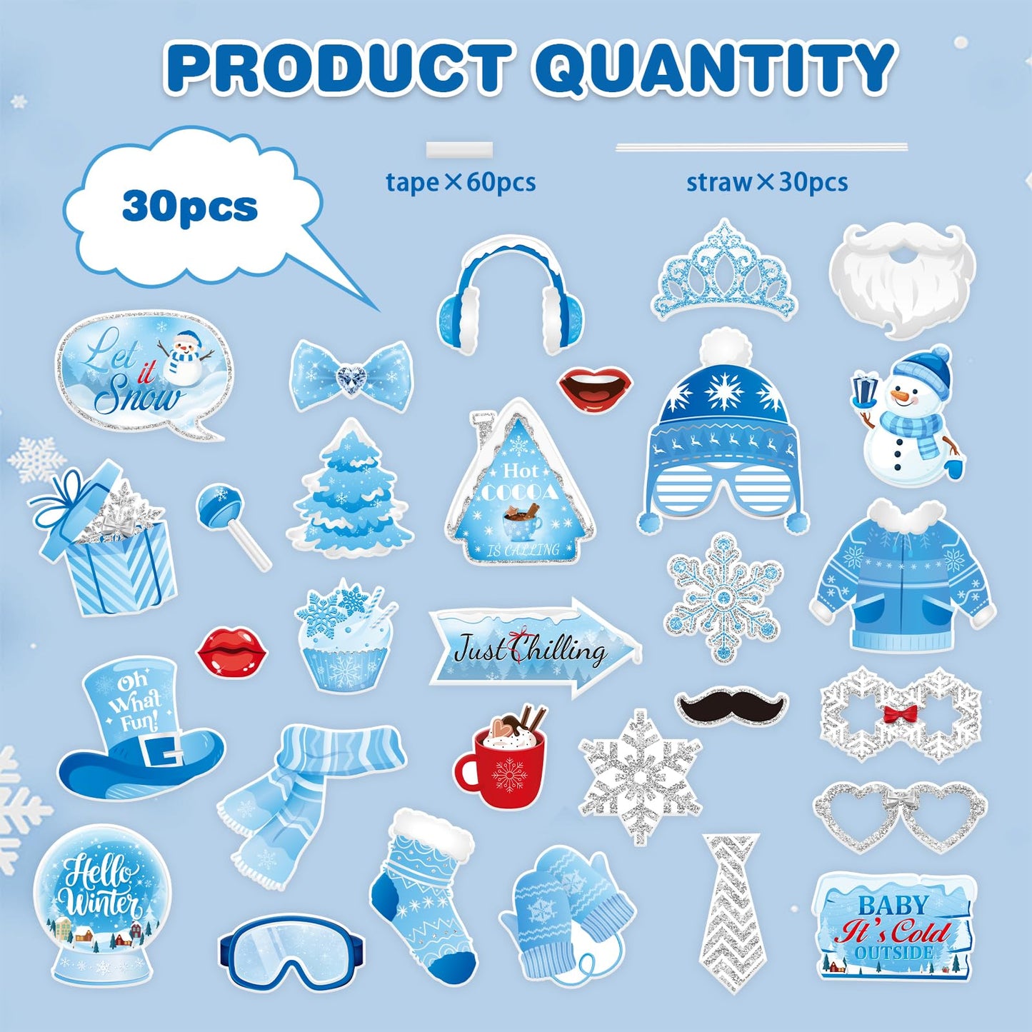 KALEFO 30Pcs Hello Winter Photo Booth Props Winter Wonderland Party Decorations Snowflake Photo Booth Props Kit Wedding Holiday Birthday Skiing New Year Party Supplies