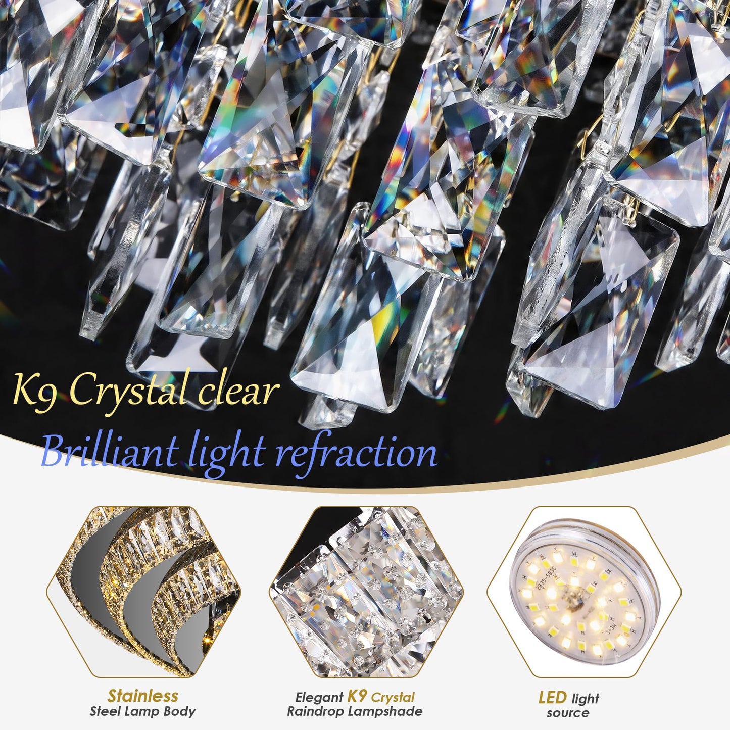 30 inch Crystal Flush Mount Black Chandelier, Modern Raindrop LED Ceiling Light, 3CCT Dimmable & Brightness Adjustable,Remote/APP ,Elegant Chandeliers for Bedroom Hallway Dinning Room Living Room