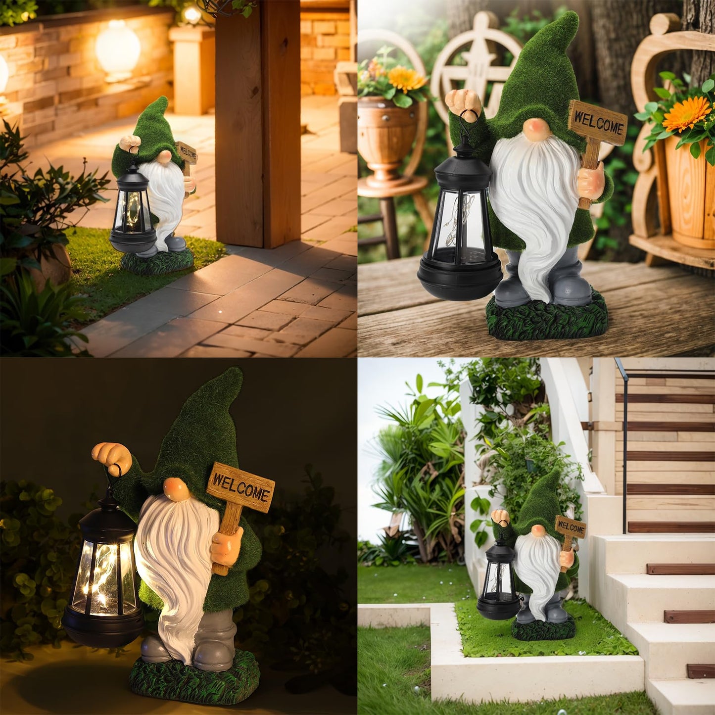 halp·ssfm St Patrick’s Day Green Garden Gnome Statue with Solar Lantern Welcome Sign Outdoor Decor for Porch Lawn Patio Yard Holiday Decorations Housewarming Gifts for Women