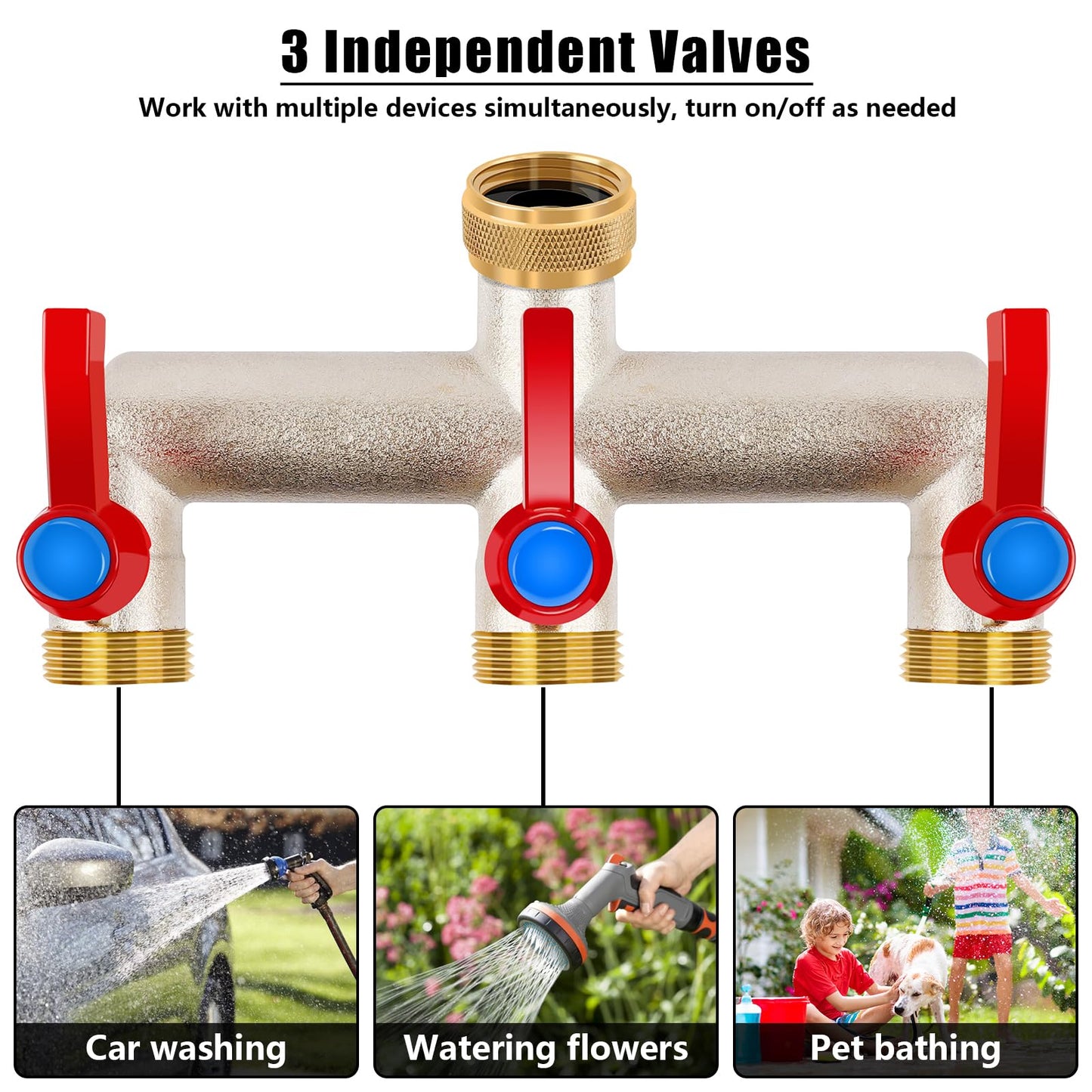 3 Way Brass Garden Hose Splitter, 3/4" Hose Splitter 3 Way Heavy Duty with Extension Handles, Outdoor Faucet Splitter Water Spigot Splitter with Individual On/Off Valve