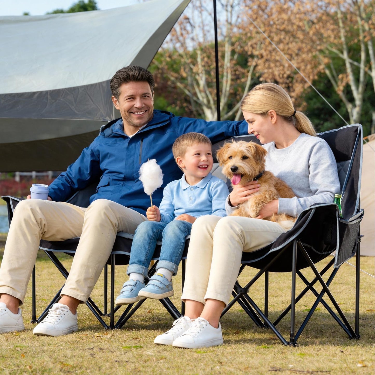 3 Person Camping Chair Oversized Padded Loveseat Camping Chairs Heavy Duty Folding Outdoor Couch with Cup Holder & Phone Side Pocket Extra Wide Outdoor Loveseat for Camping, Tailgating, Lawn Black