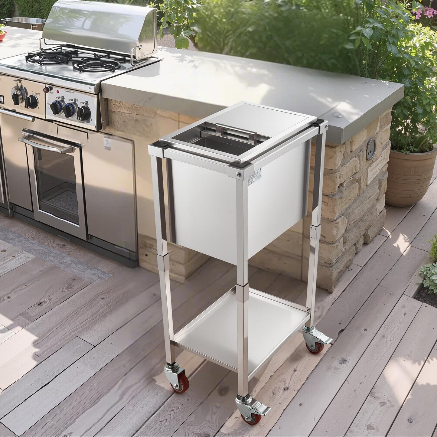 VEVOR Rolling Ice Chest Cooler Cart, 20" L x 14" W x 38" H Stainless Steel Cooling Bin on Wheels, 29.6 Quart Outdoor Stand Up Cooler Trolley with Shelf, for Patio Backyard Party Bar Cold Drinks