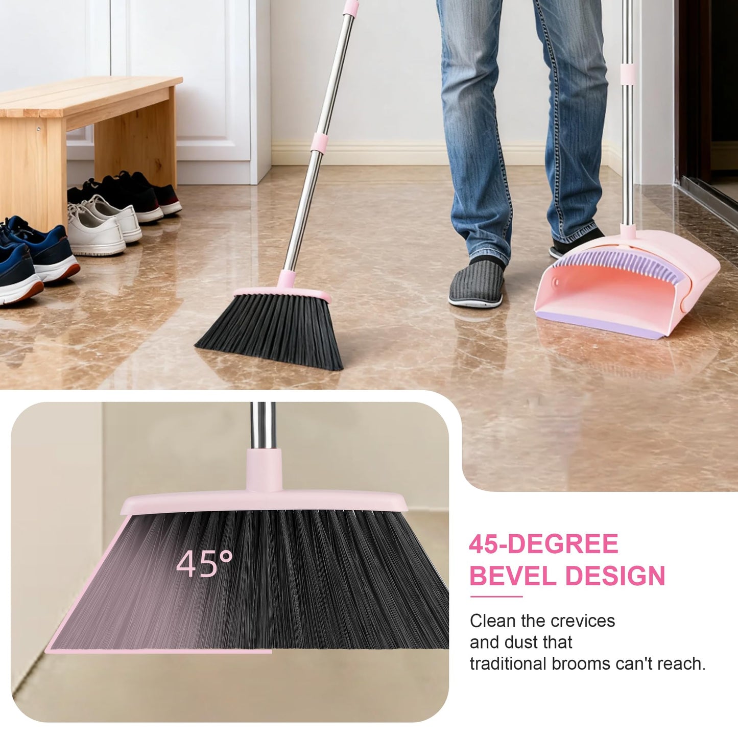 Broom with Dustpan Combo Set, 52-in Adjustable Handles Broom and Dustpan Set with Combo Teeth Easy to Scrape Off Pet Hair, Indoor&Outdoor Sweeping
