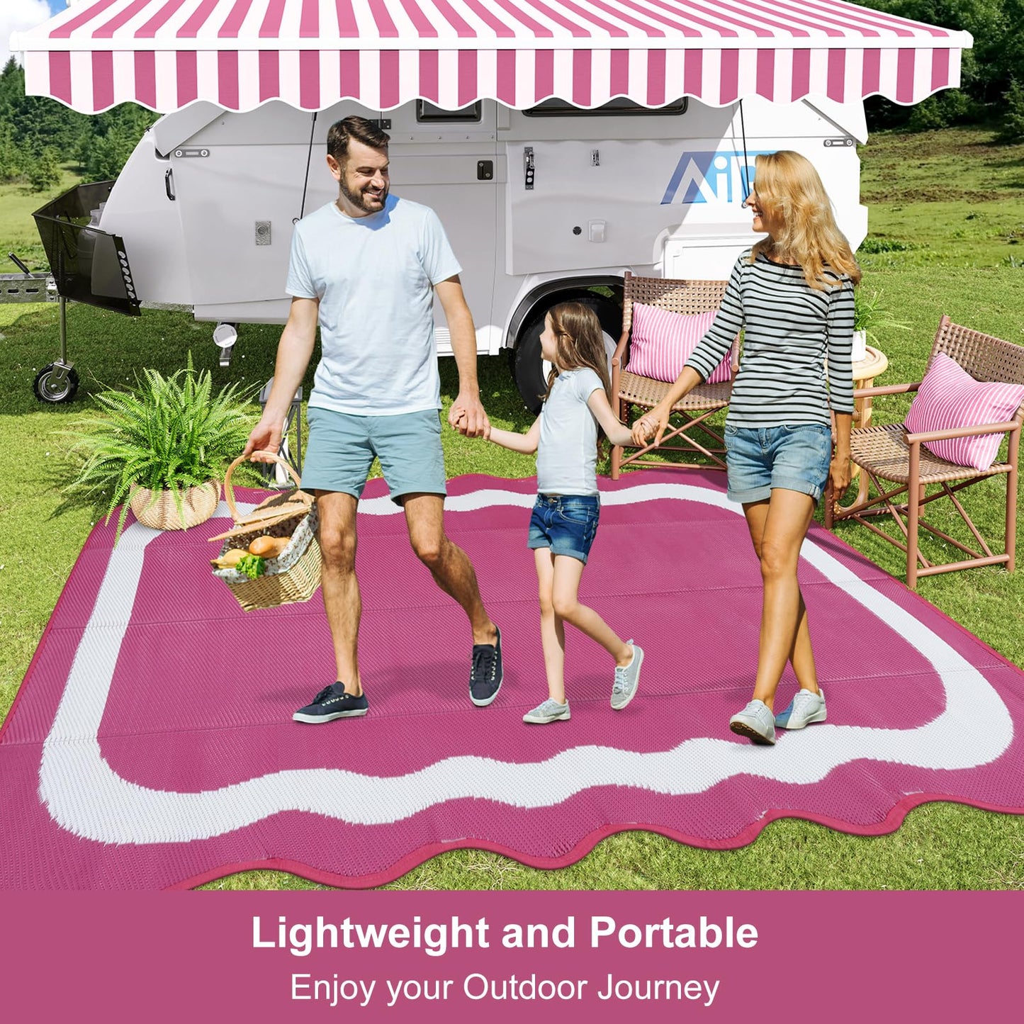 Uphome Outdoor Rug Waterproof 8x10, Large Reversible Pink Scalloped Patio Plastic Straw Rugs, Foldable Modern RV Camping Outside Carpet Mat for Pool Back Yard Deck Picnic, 8 x 10 ft