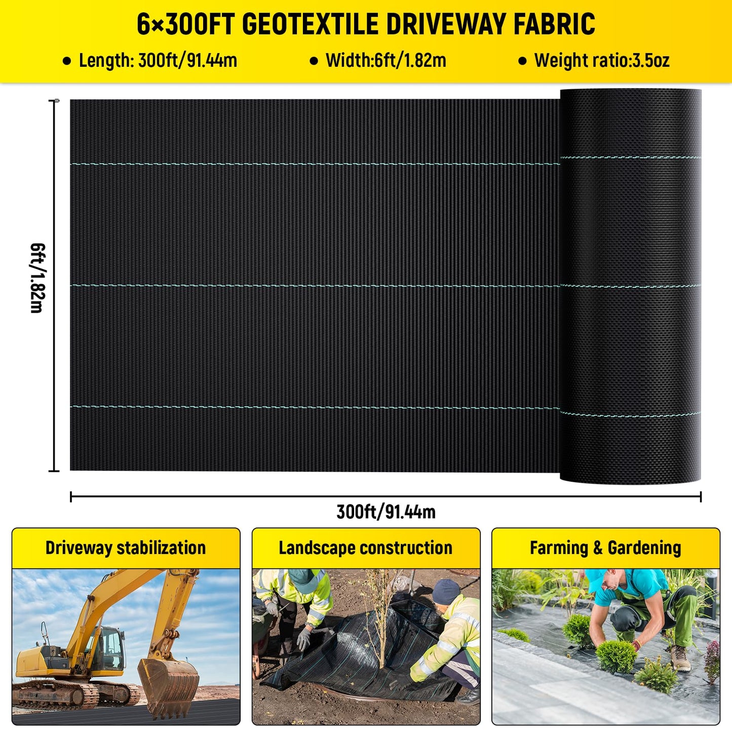 Doniks 6x300ft Driveway Fabric,3.5OZ Commercial Heavy Duty Weed Barrier Fabric, Garden Landscape Fabric,French Drain Fabric for Erosion Control,Landscape Fabric,Weed Barrier,Construction Projects