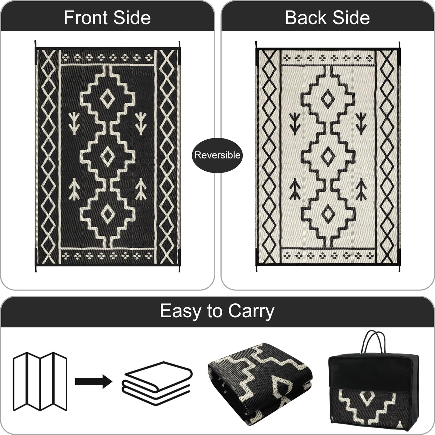 Uphome Outdoor Plastic Straw Rug, 6x9 ft, Reversible Waterproof, Black Boho Patio Rug, RV Camping Rug for Outside, Indoor Outdoor Area Rug for Backyard Deck Balcony Picnic