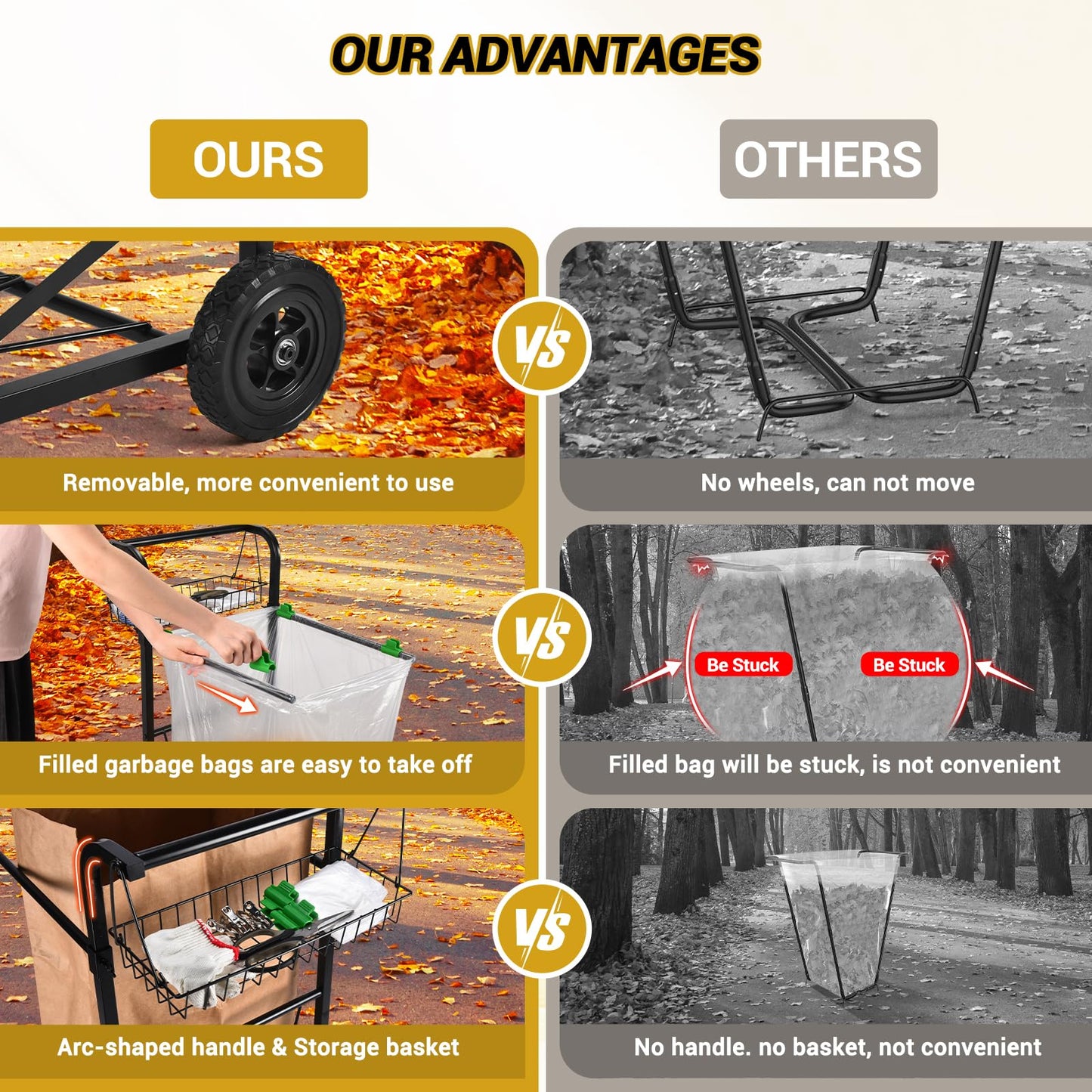 CAROD Upgraded Trash Bag Holder Cart with Storage Basket and Ergonomic Handle, Adjustable Outdoor Leaf Bag Holder from 30-45 Gallon Capacity, Ideal for Yard Clean-Up, Camping, Parties,Leaf Collection
