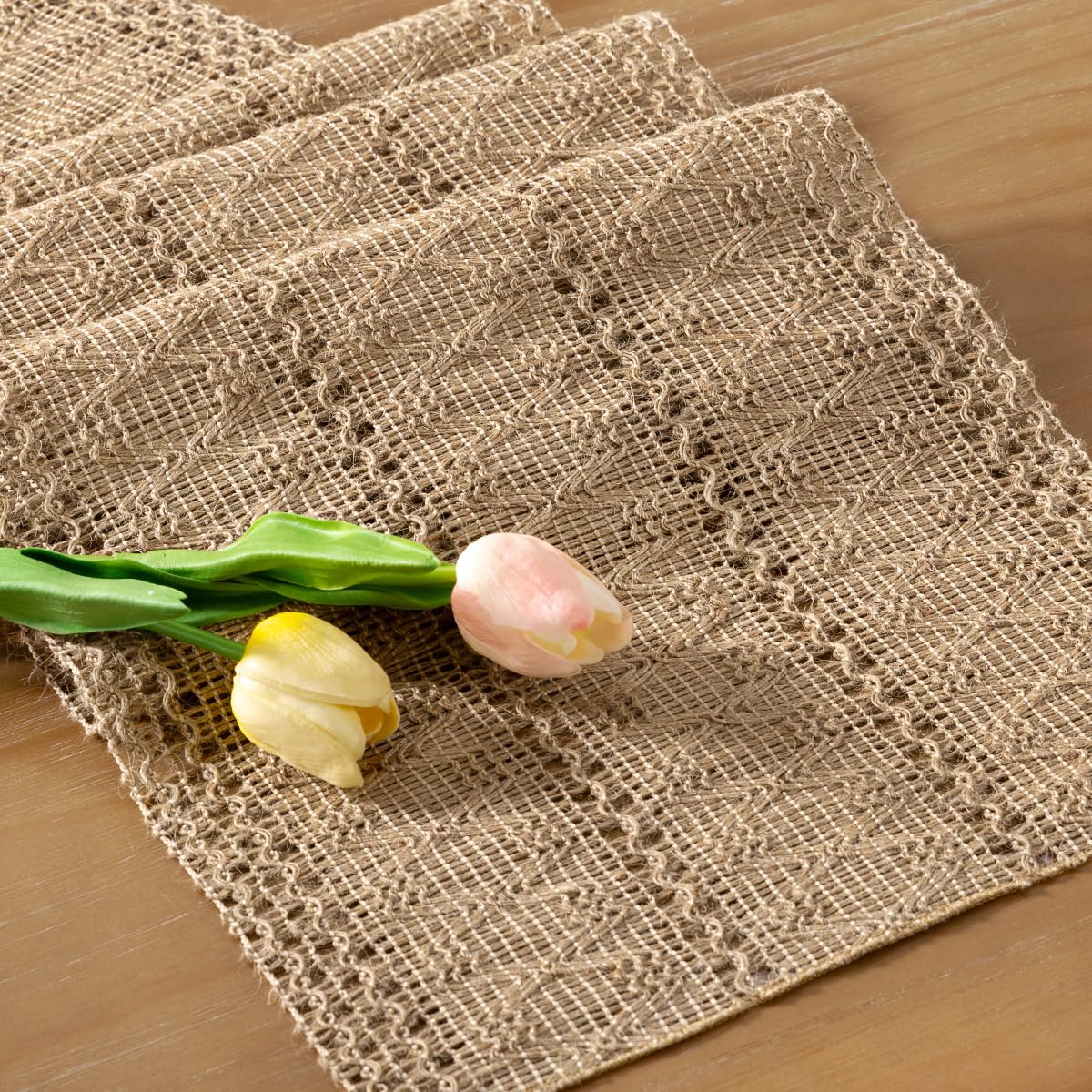 Socomi Boho Table Runner Easter Spring Farmhouse Burlap Jute Bamboo Rustic Dining Kitchen Centerpiece Decor Small Macrame Woven Coffee Table Runner for Dresser Scarf Home Decor 12x60 inch