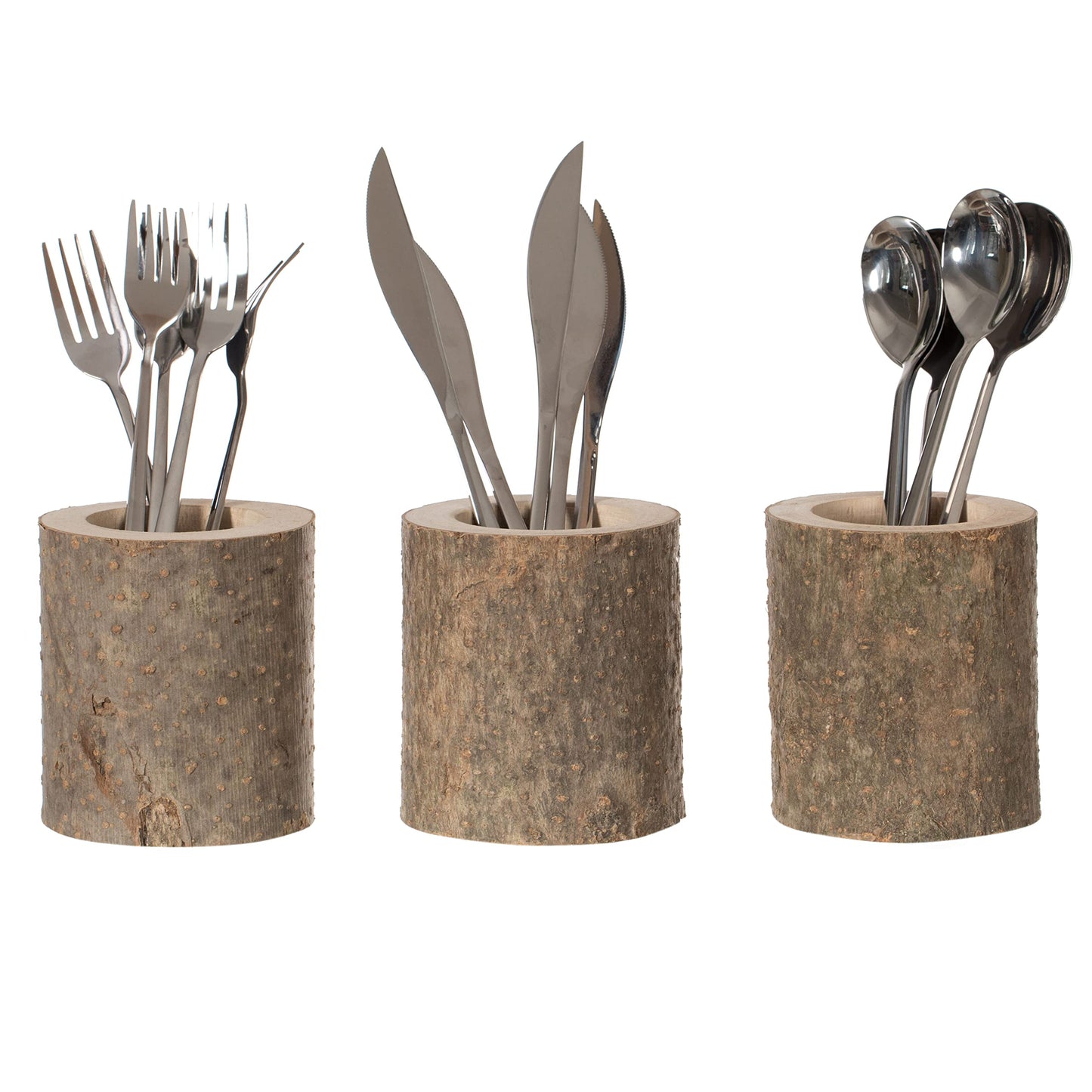 Vintiquewise Set of 3 Rustic Wooden Utensil Holders, Handcrafted Wood Kitchen Organizer for Flatware, Spatula, Cooking Utensils, Countertop Crock