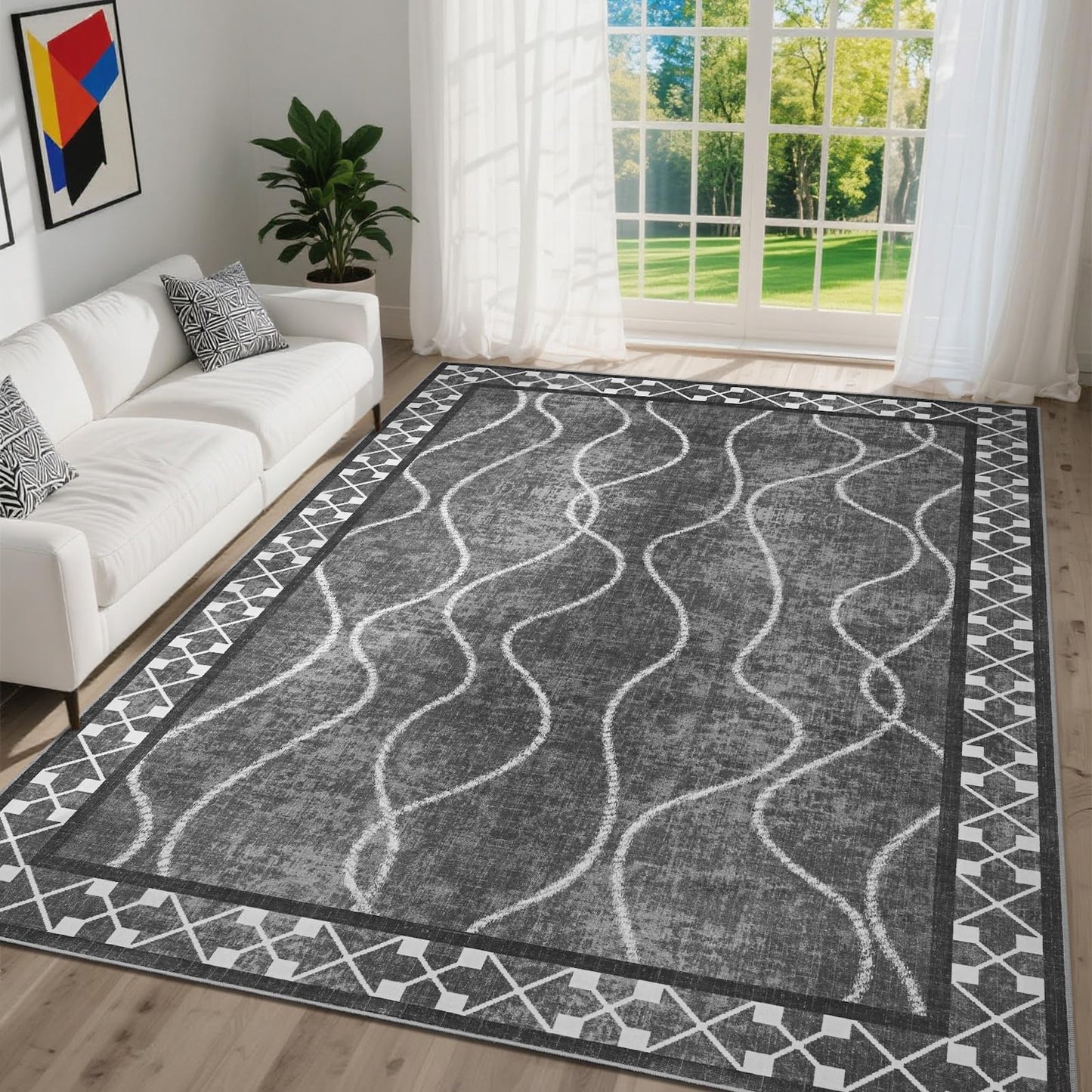 DweIke 4x6 Area Rugs for Living Room, Machine Washable Bordered Rug for Bedroom, Luxury Rubber Backing (Non-Slip) Low Pile Throw Carpet for Dining Room Kitchen Home Decor, Black Grey