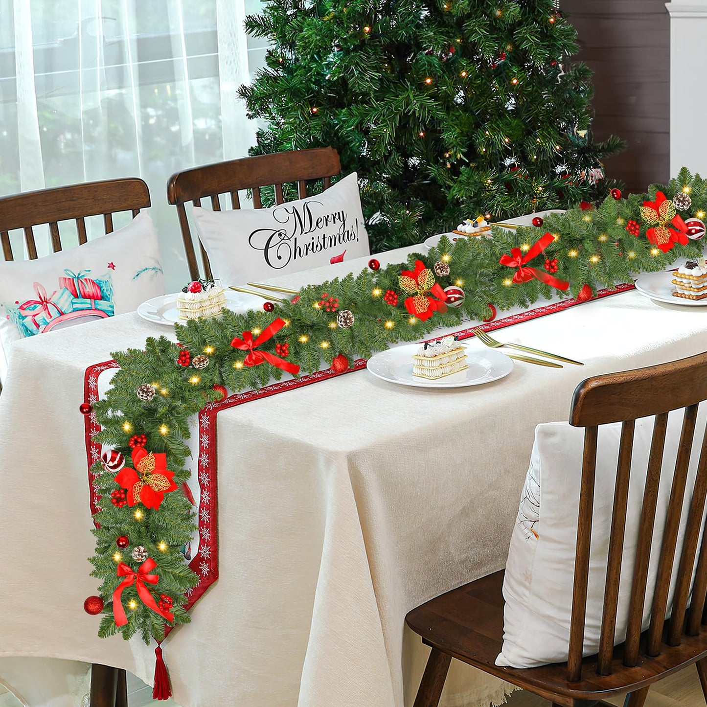 Christmas Garland with Lights 9FT Timer Prelit Garland Battery Operated Outdoor Indoor Christmas Decorations 30 LEDs Lighted Garland for Stairs Railing Fireplace Mantle Front Door Home Holiday Decor