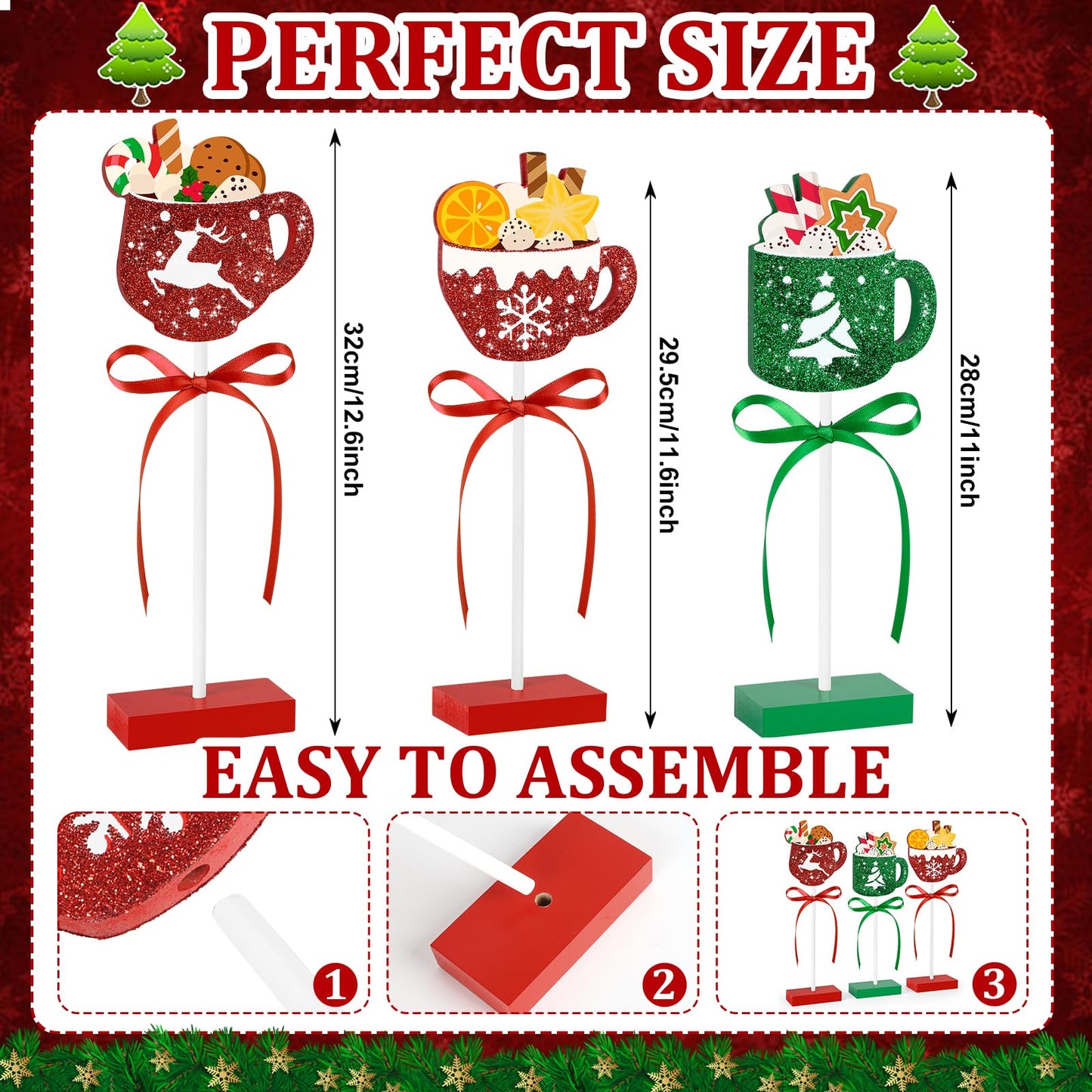 3 Pieces Christmas Table Decorations Wooden Coffee Cup Set, Red and Green Christmas Tiered Tray Decor for Home Office Kitchen Tables (Coffee Cup)