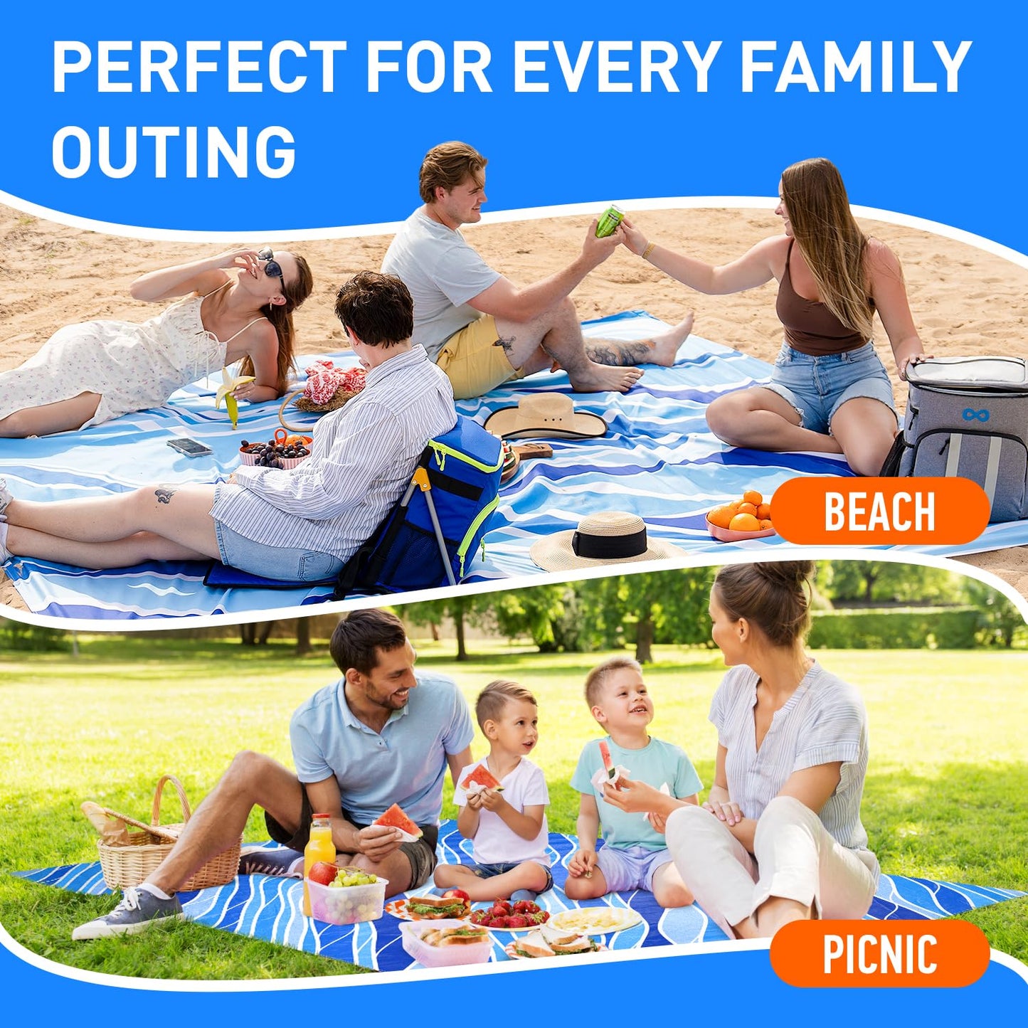 Everlasting Comfort Large Beach Blanket Waterproof & Sandproof - 80" x 80"/ 6.7ft x 6.7ft - Lightweight Picnic Mat, Camping Necessities for 4 People - Accessories for Outdoor Festivals - Blue