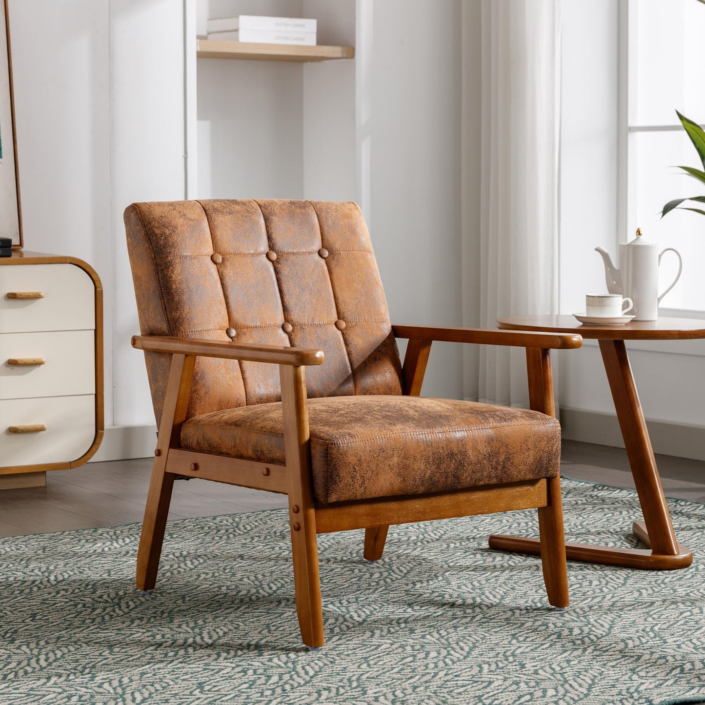 Kayflora Modern Accent Chair, Mid-Century Linen Armchair with Solid Wood Armrests, Button-Tufted Comfortable Cushioned Reading Chairs for Living Room, Bedroom (Coffee