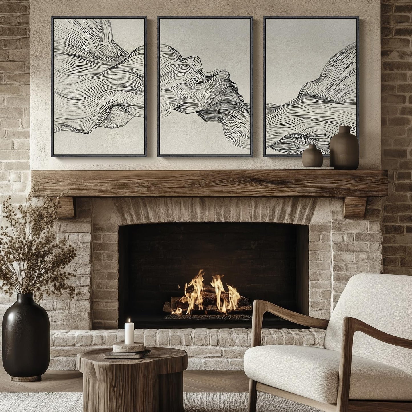 Large Framed Neutral Modern Abstract Wall Art, 3 Piece Black and Beige Canvas Prints Paintings Artwork for Walls, Minimalist Line Pictures for Living Room Hallway Office Wall Decor -Total 30x60 Inch