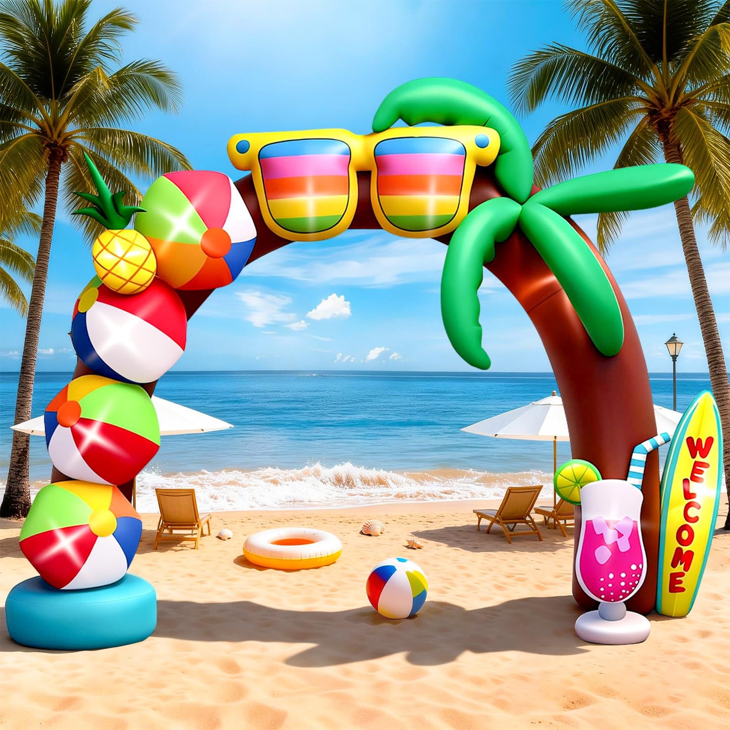 Kalolary 10FT Tall Summer Inflatable Outdoor Decorations, Beach Ball Archway Blow Up Inflatable Arch with Build-in Lights for Beach Party Pool Party Yard Garden Summer Decors