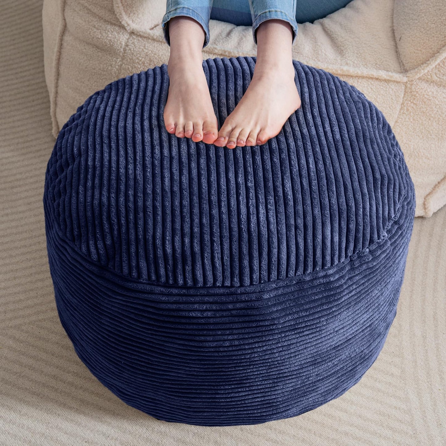 HIGOGOGO Round Stuffed Pouf Ottoman, Corduroy Poufs with Foam Chunk Filling, Furry and Fluffy Pouf Foot Stool Storage Ottoman, 20 X 15 Floor Poufs Foot Rest for Living Room, Navy