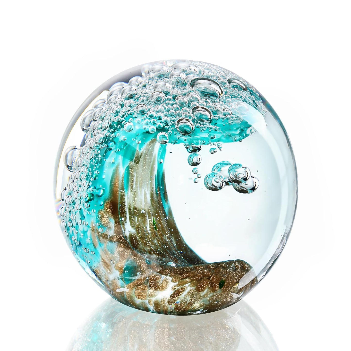 Hand Blown Glass Ocean Wave Ball, 2.3" Blue Sea Wave Crystal Figurine Paperweight, Decorative Glass Sphere Ornament for Home Office, Nautical Decor Collectible, Birthday Gift for Ocean Lovers