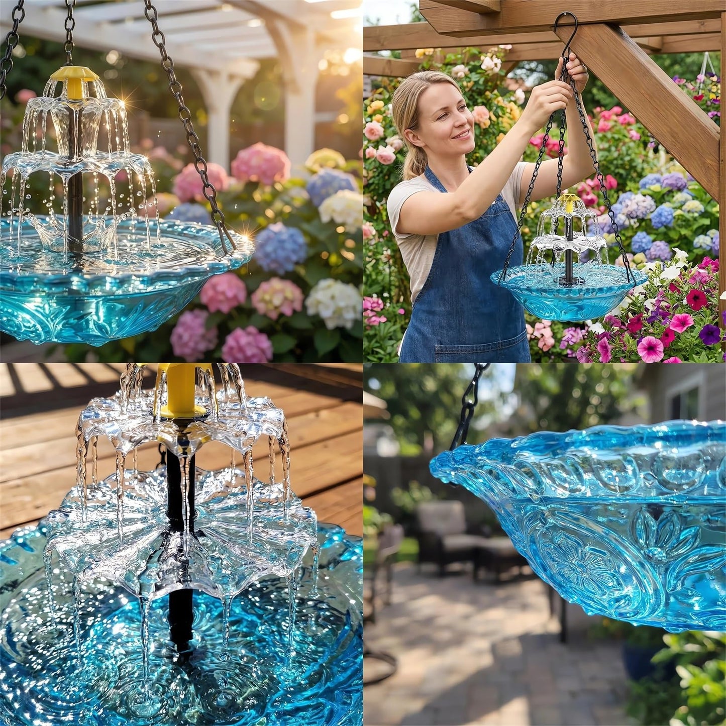2026 Solar Cascade Hanging Bird Bath Fountain Solar Powered Birdbath Water Fountain Pumps Dispenser Outdoors Decor Hummingbird Bath Shower Bowl Kit Garden Gift Yard Patio Backyard Decoration (Blue)