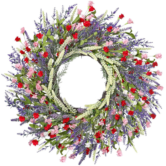LZNPA 26 Inch Large Lavender Wreath for Front Door Greenery Summer Spring Wreaths for Front Door Wreaths for Front Door All Seasons for Wedding Farmhouse Wall Porch Window Decor(Red Pink Lavender)