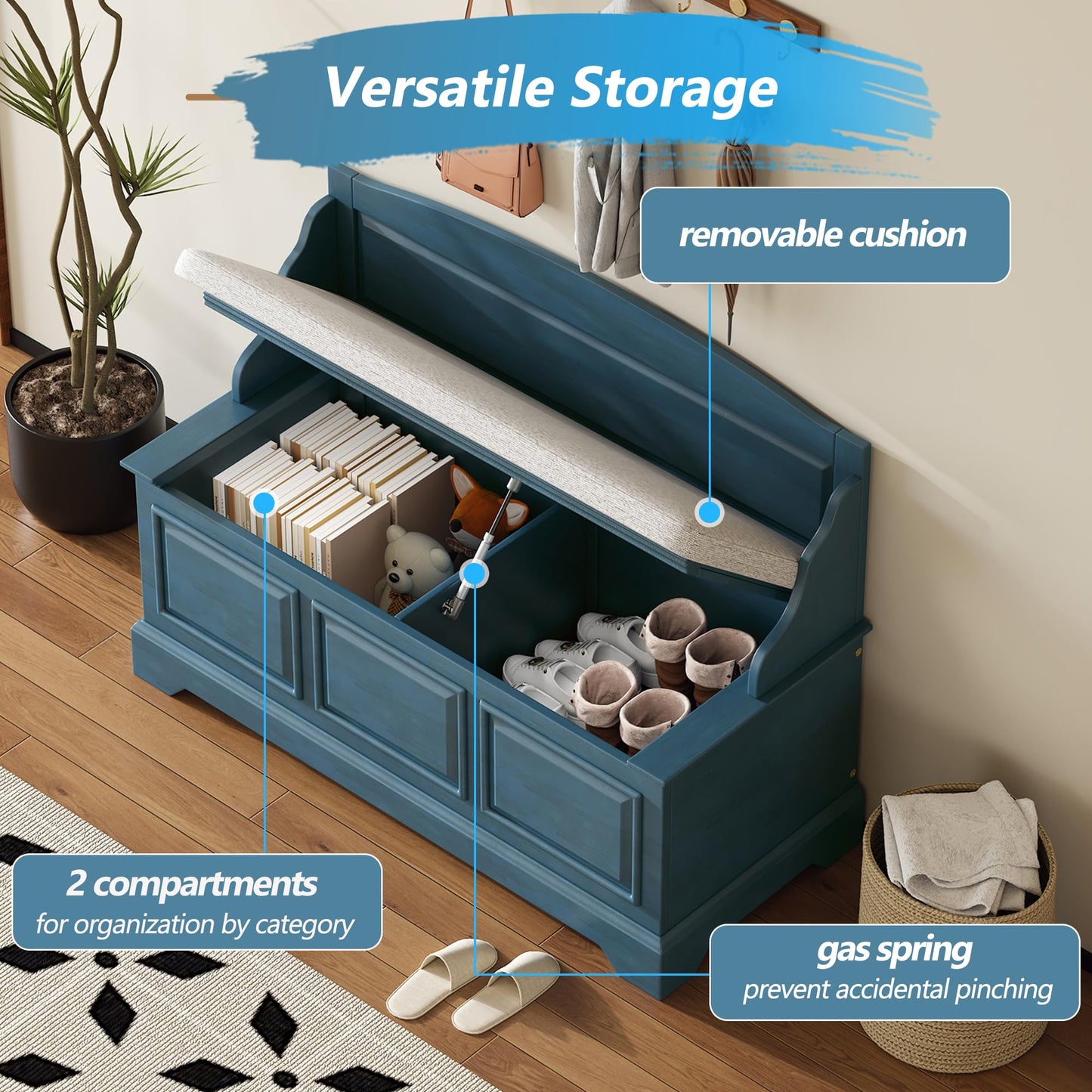 Knocbel Rustic Entry Storage Bench with Hidden Compartments and Removable Cushion, Wooden Entryway Hallway Foyer Shoe Bench Bedroom End of Bed Bench (Antique Navy and Beige)