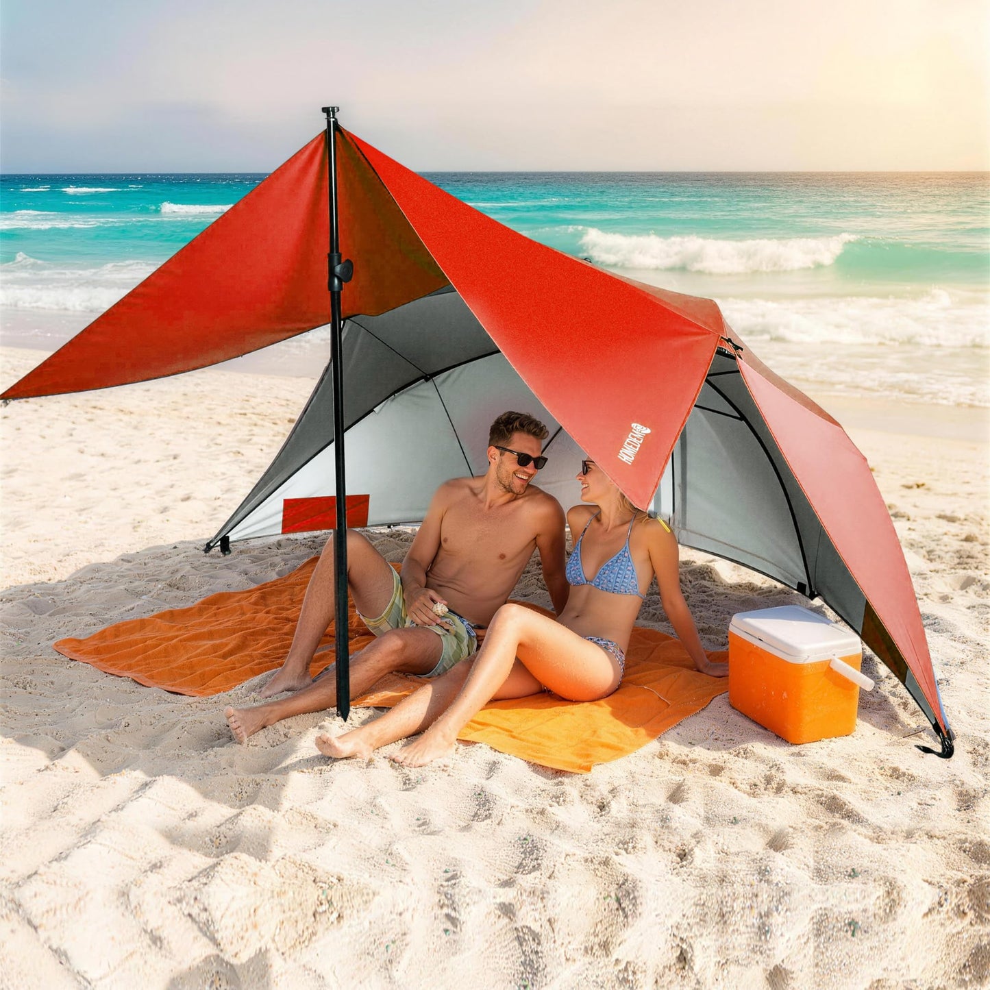 HOMEDEMO Beach Umbrella Tent (9.5ft, Red) with Fan Canopy, 3-in-1 Umbrella Shade Shelter for Beach, Picnic, Bleacher, Sports Games