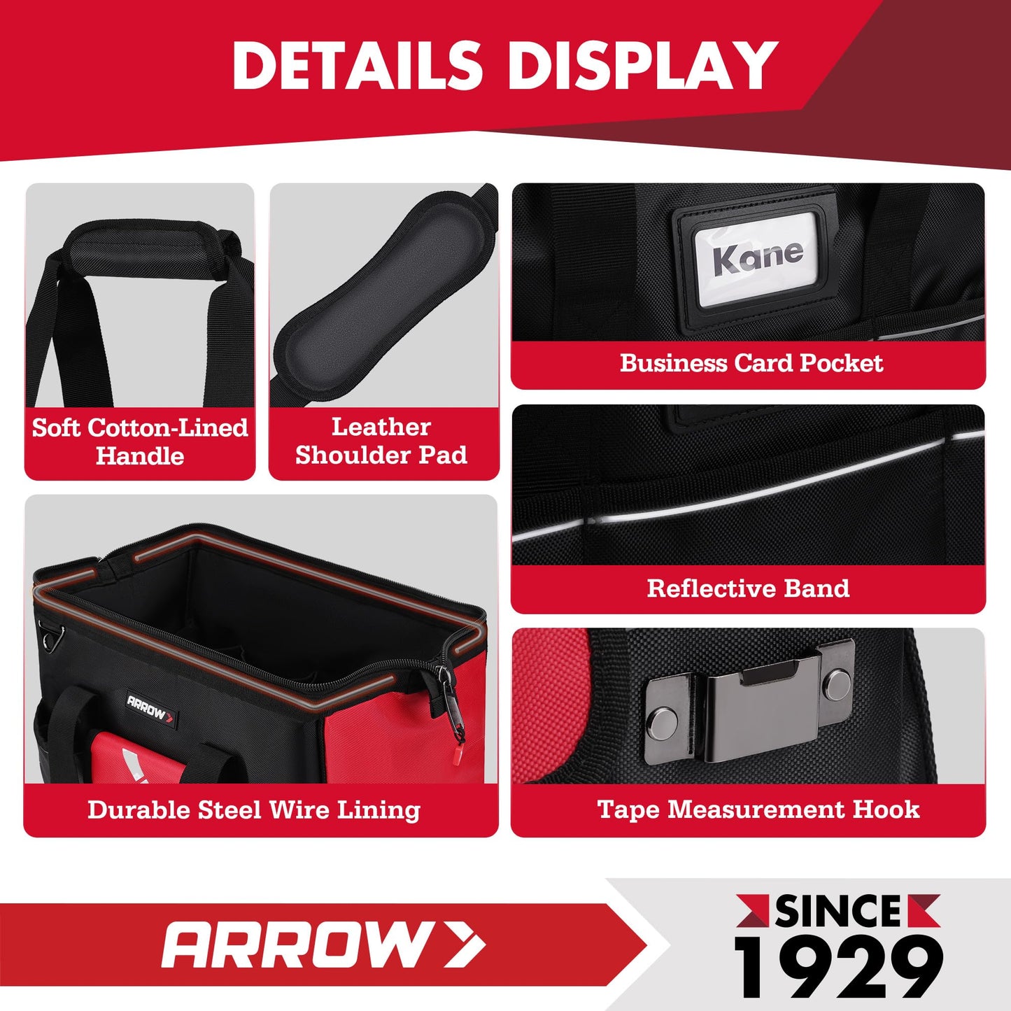 ARROW 16" Tool Bag Organizer with Anti-Slip Feet, Tool Bags for Men Heavy Duty, Wide Open Mouth, Large Capacity with 13 Pockets, Portable Toolbag for Electrician Mechanic Plumber HVAC