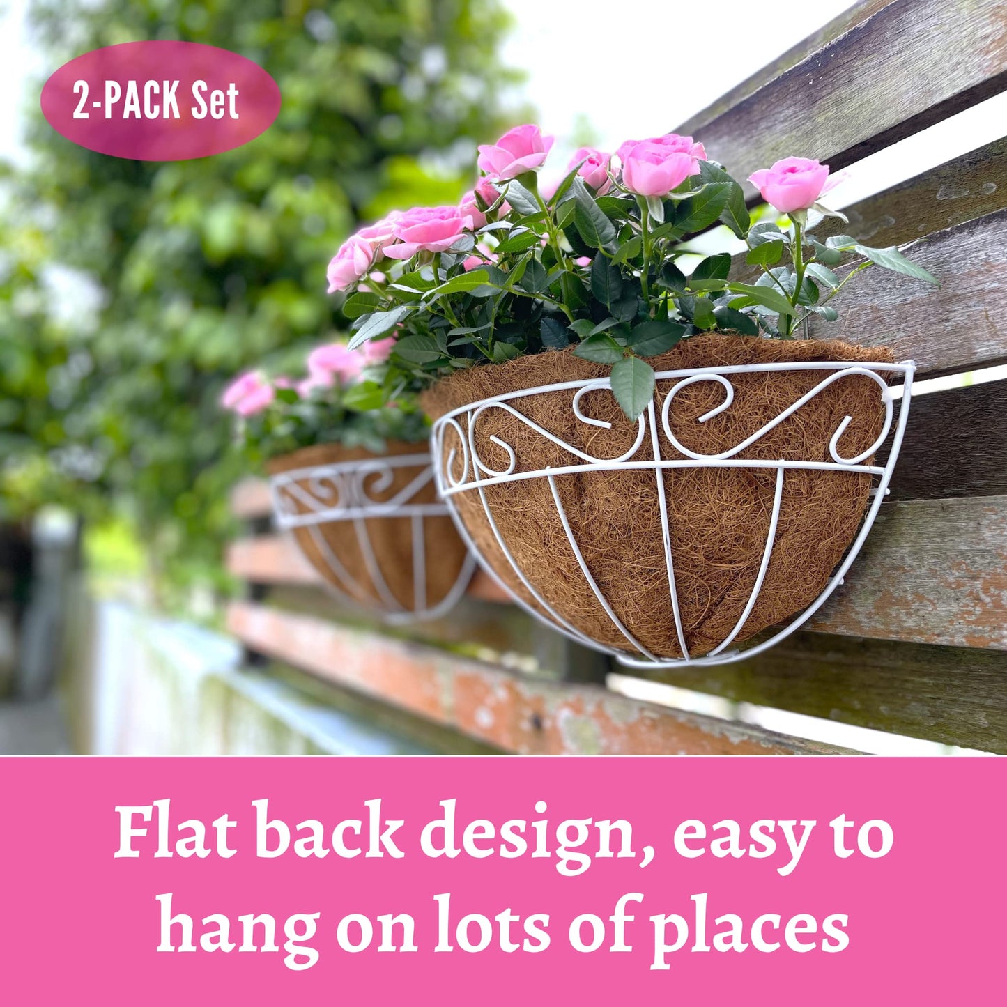LaLaGreen Wall Mounted Flower Baskets (2 Pack, 14 Inch) Large Wall Hanging Planter with Coco Liner for Outdoor Plants, White Metal Fence Pots Holder Rail Railing Deck Porch Balcony Garden Patio Decor