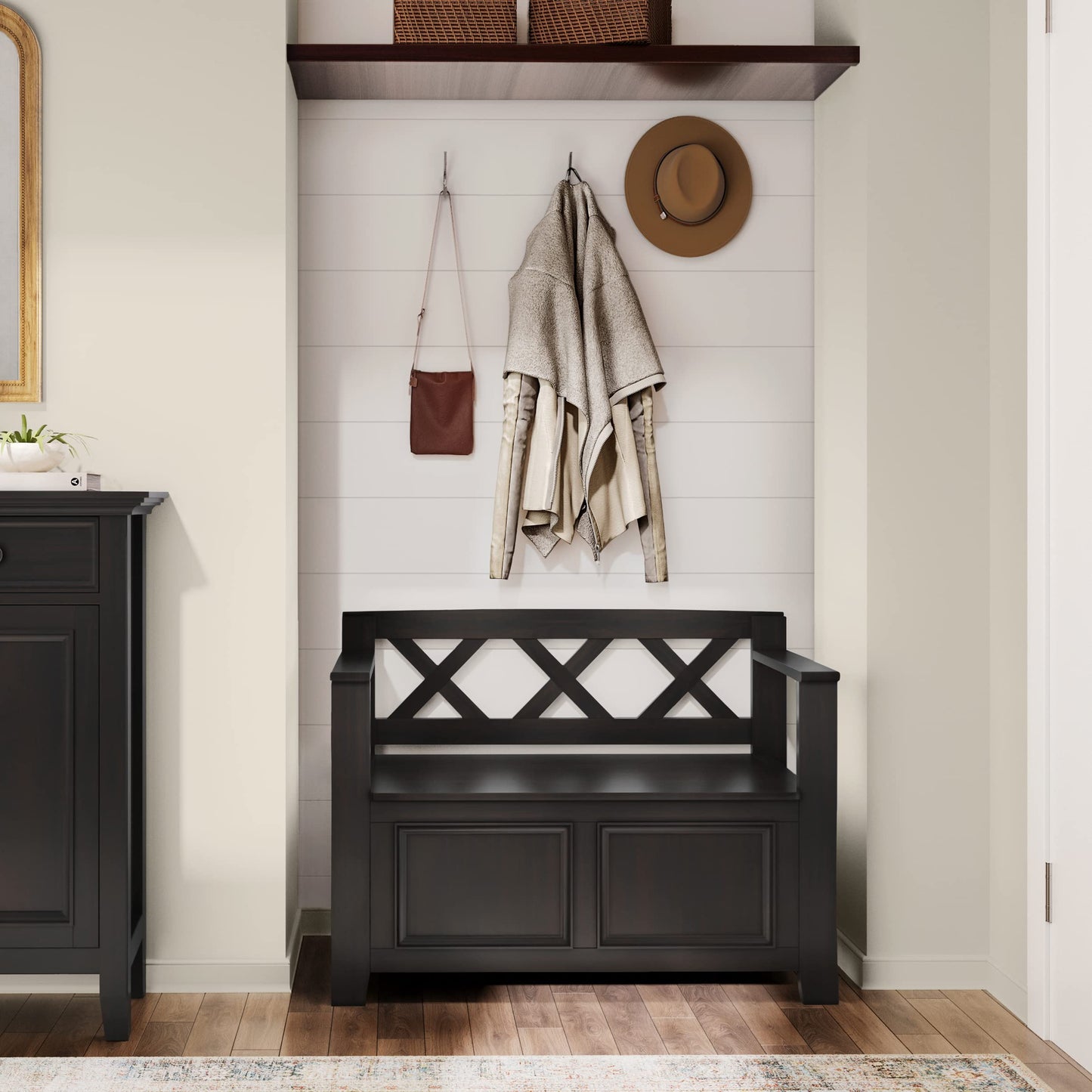 SIMPLIHOME Amherst Entryway Storage Bench - 36 inch Wide Solid Wood Hallway Bench in Hickory Brown, Transitional Bench for Entry or Mudroom with Lift-Up Lid, Storage Compartments and X-Back Detail