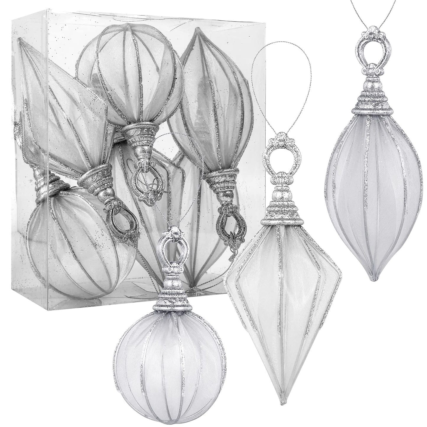 Christmas Ball Ornaments, 6pc Set Silver Rugby,Round Ball, Diamond Pendant Christmas Decorations Hanging for Xmas Tree Decorations Wedding Party