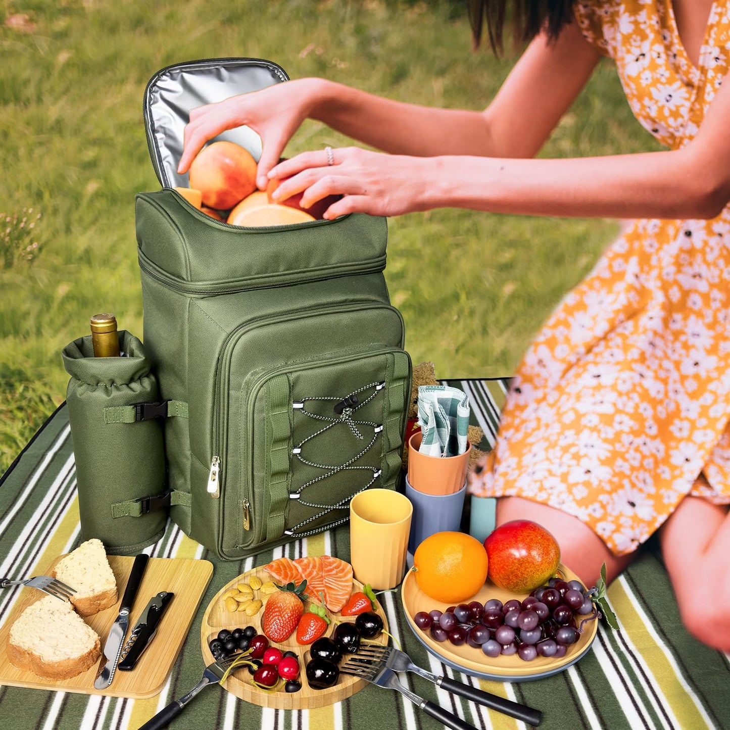 Hap Tim Picnic Basket Backpack for 4 Person with Blanket, Insulated Leakproof Cooler Compartment, Wine Holder, Cutlery Set, Engagement Gifts for Couples, White Elephant Gift Ideas, Green (36221-GR)