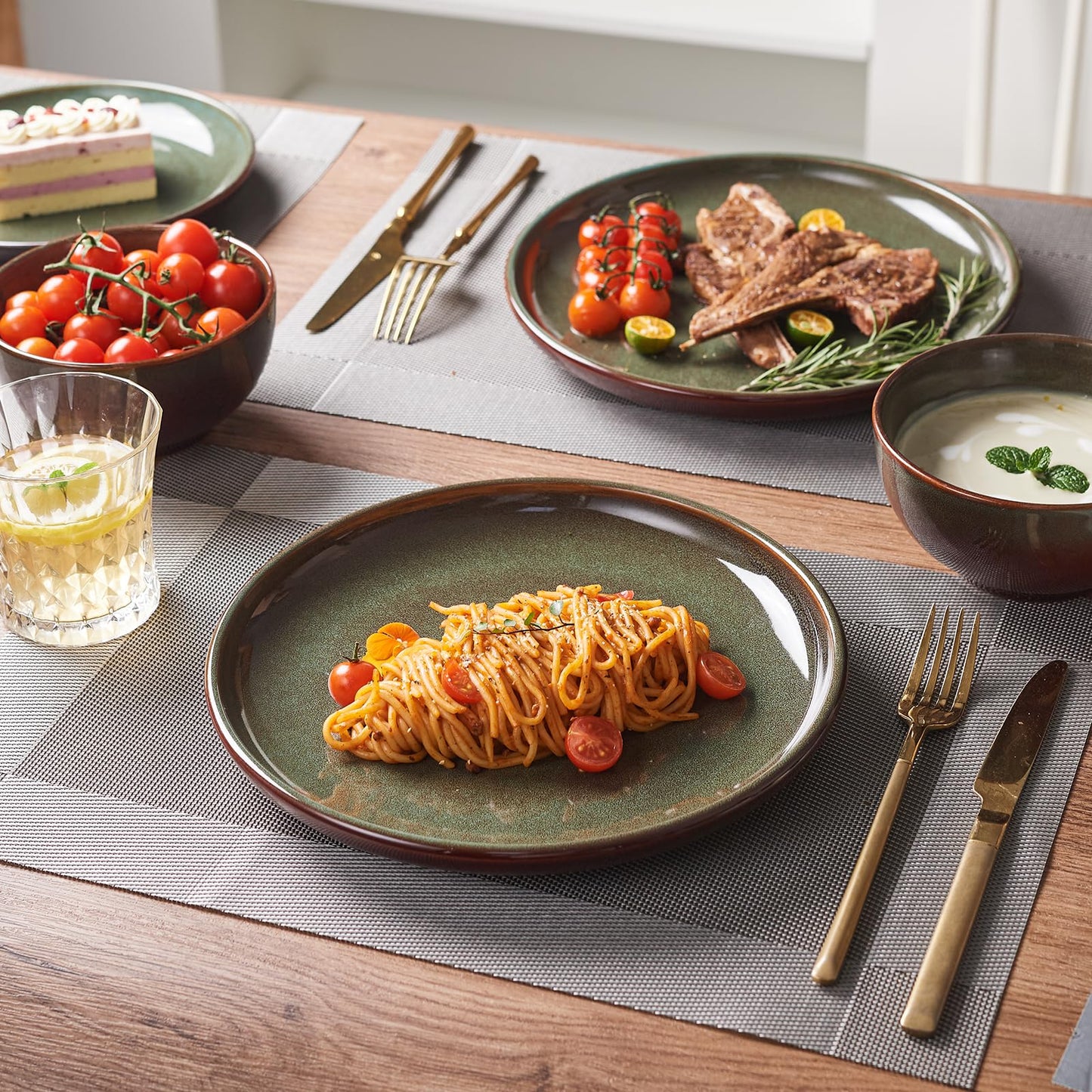 Pokini Stoneware Dinnerware Sets Service for 4, 12 pcs Reactive Glaze Plates and Bowls Sets, Handmade Ceramic Dish Set, Highly Chip and Crack Resistant Modern Plate Set, Brown Green