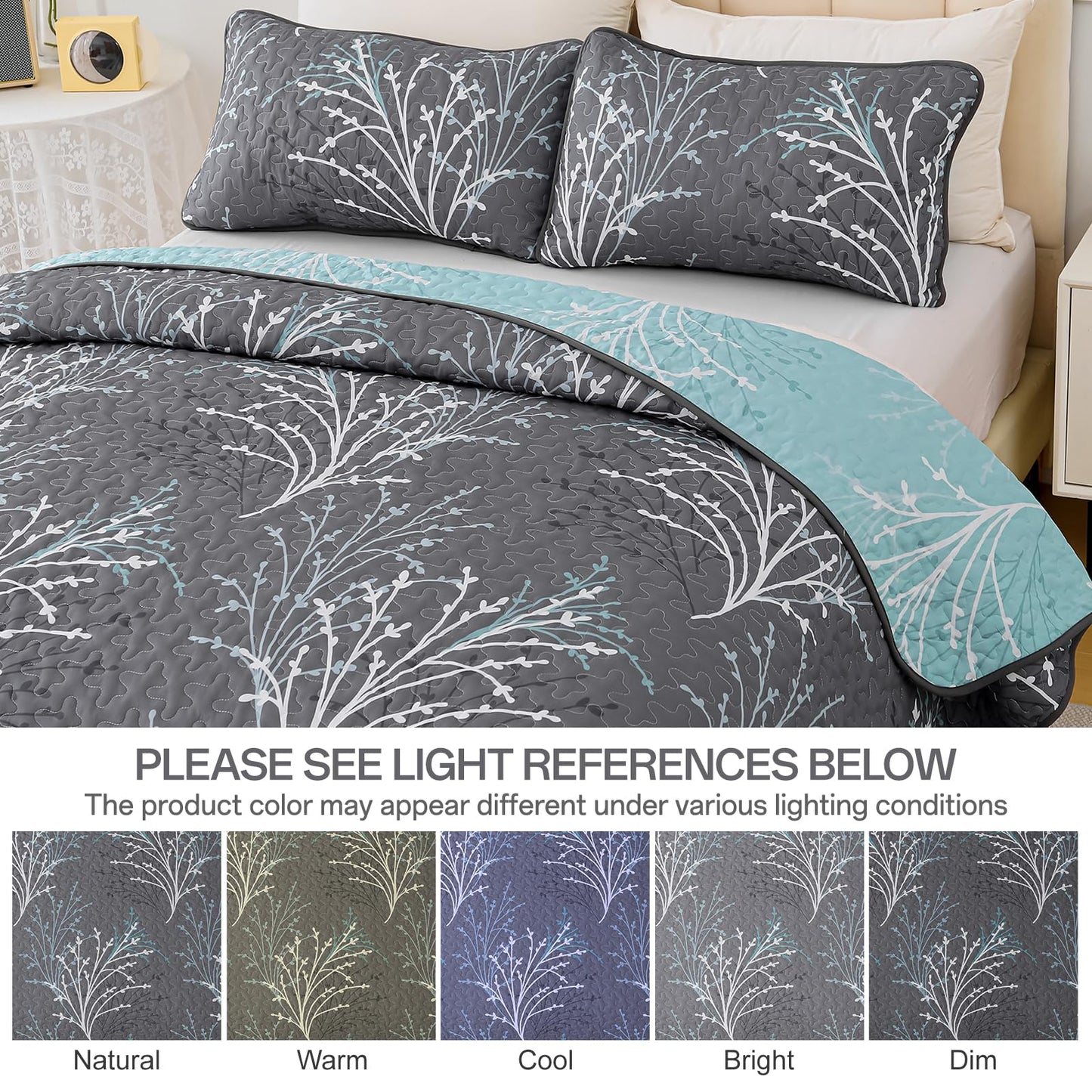 DJY Full Size Quilt Set Grey Blue Reversible Bedspread Coverlet Set 3 Piece, Branch Floral Lightweight Microfiber Botanical Quilted Bedding Set with Pillowcases for All Season (78''x90'')