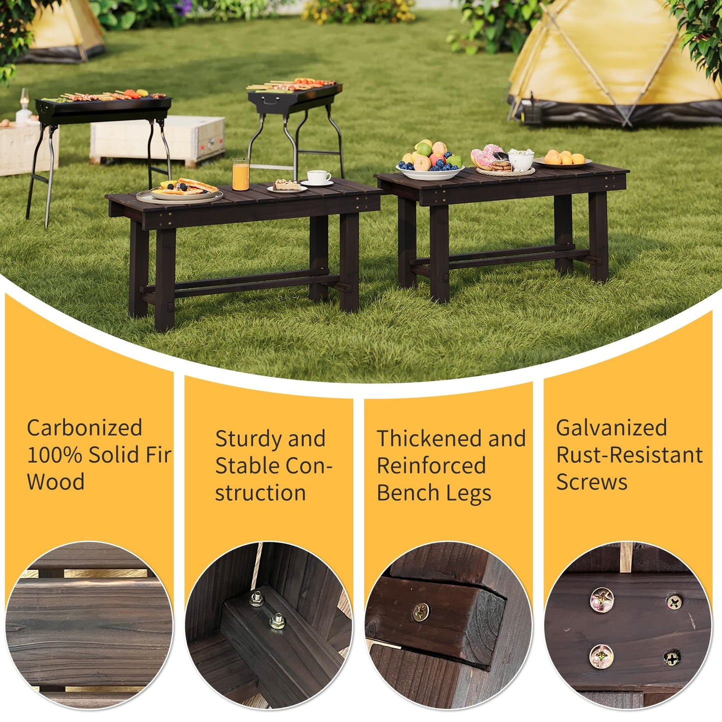 Wood Outdoor Garden Bench, 2-Person Seat 35" Backless Bench, 100% Solid Fir Carbonized Weatherproof Patio Bench,Indoor Bathroom Seat Entryway Shoe Bench for Garden Porch Backyard Pool Balcony (Small)