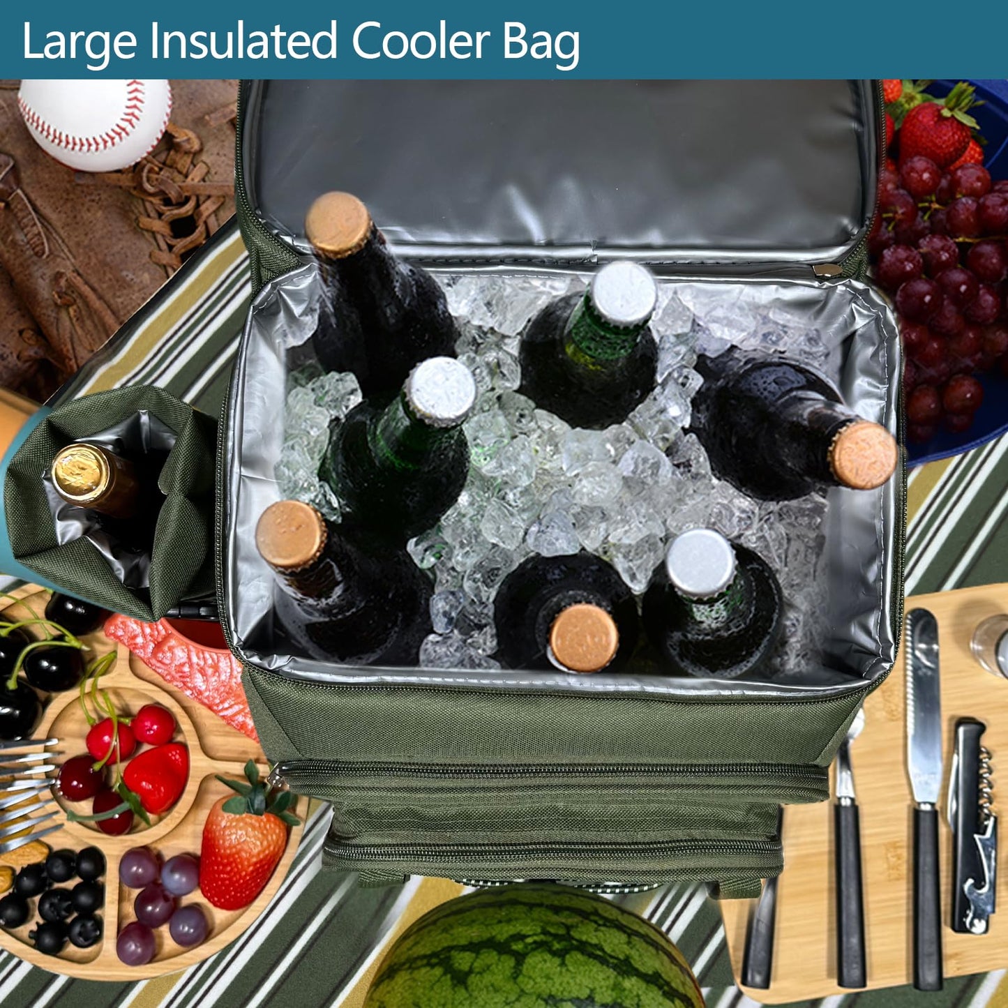 Hap Tim Picnic Basket Backpack for 4 Person with Blanket, Insulated Leakproof Cooler Compartment, Wine Holder, Cutlery Set, Engagement Gifts for Couples, White Elephant Gift Ideas, Green (36221-GR)
