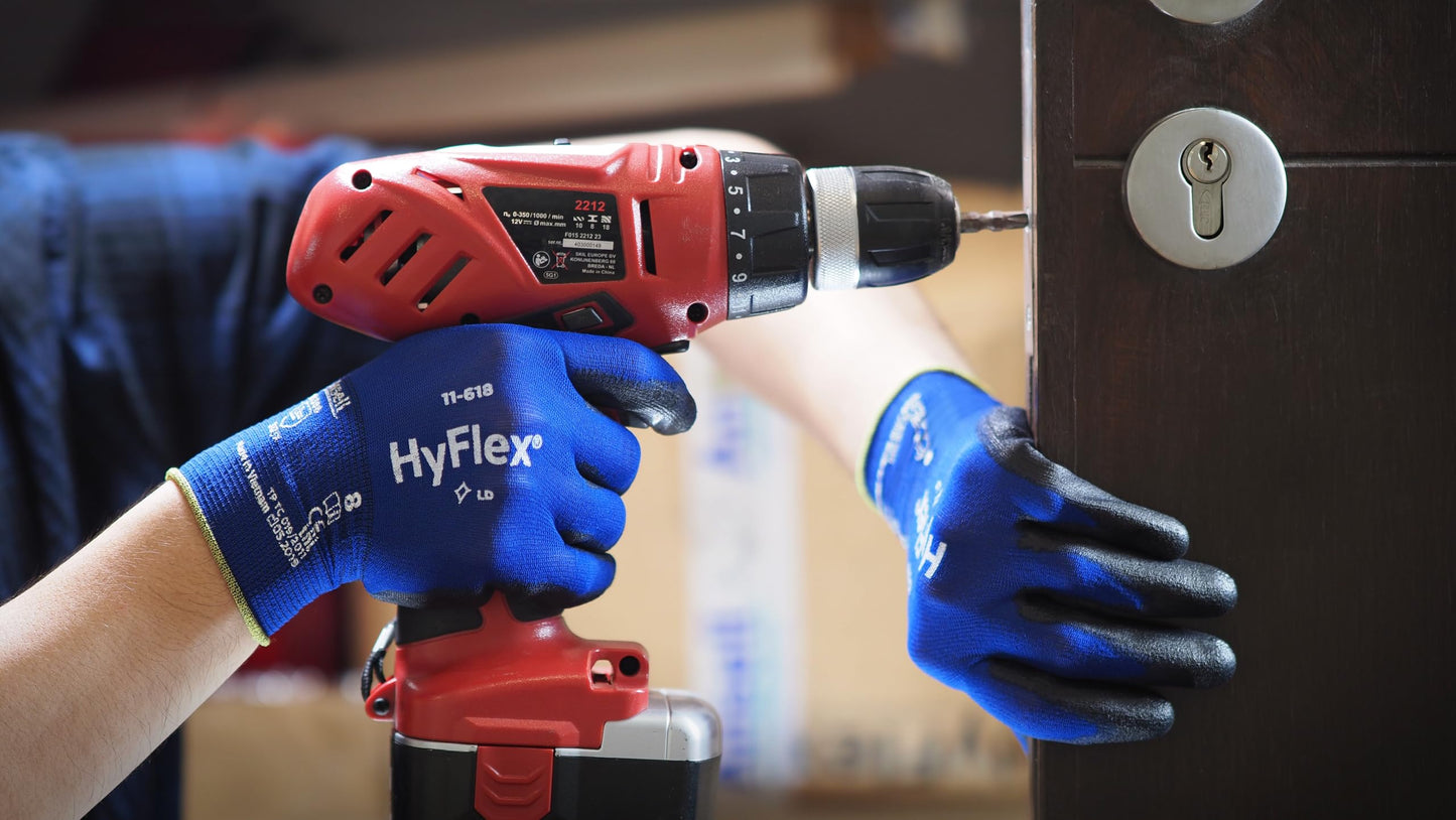 Ansell HyFlex 11-618 Ultra-Thin Industrial Safety Work Gloves for Auto, Machinery, Equipment, Fabrication - Size 9, Blue/Black (Pack of 12)