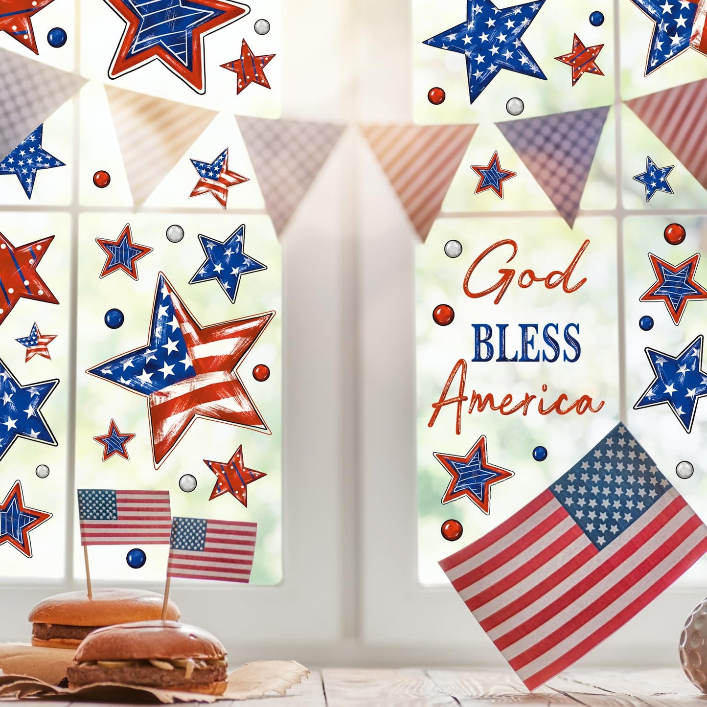 Patriotic Window Clings Red Blue Stars God Bless America Window Stickers Double-Side Glass Decals for Home Office School Independence Day Party Decor,6 Sheets