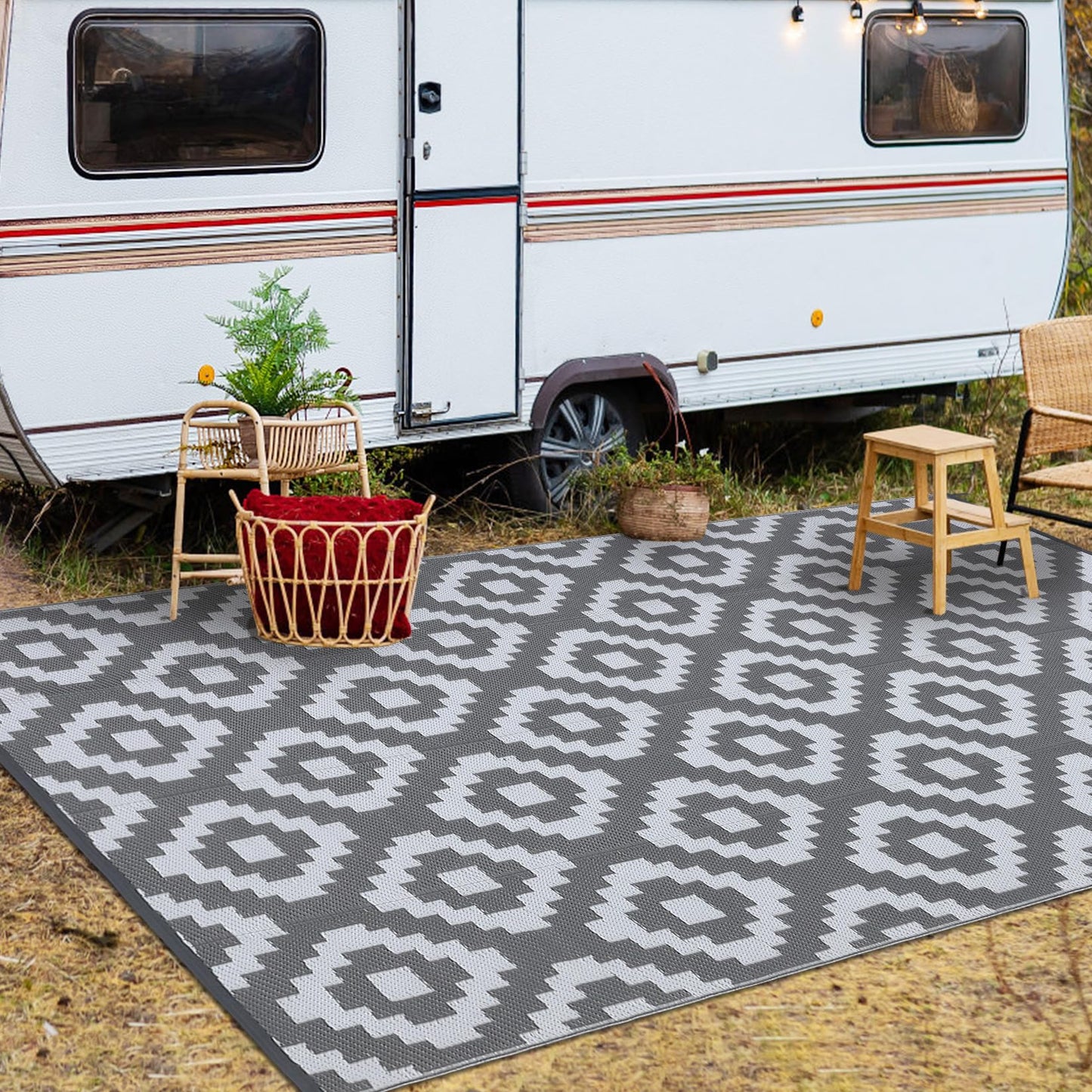 GAOMON Outdoor Rug 8x10 Area Rugs for Patio Waterproof Plastic Straw Rug Reversible Patio Rugs RV Camping Outdoor Carpet for Porch Patio Outside RV Deck Balcony Picnic Beach Decor Square-Grey/White