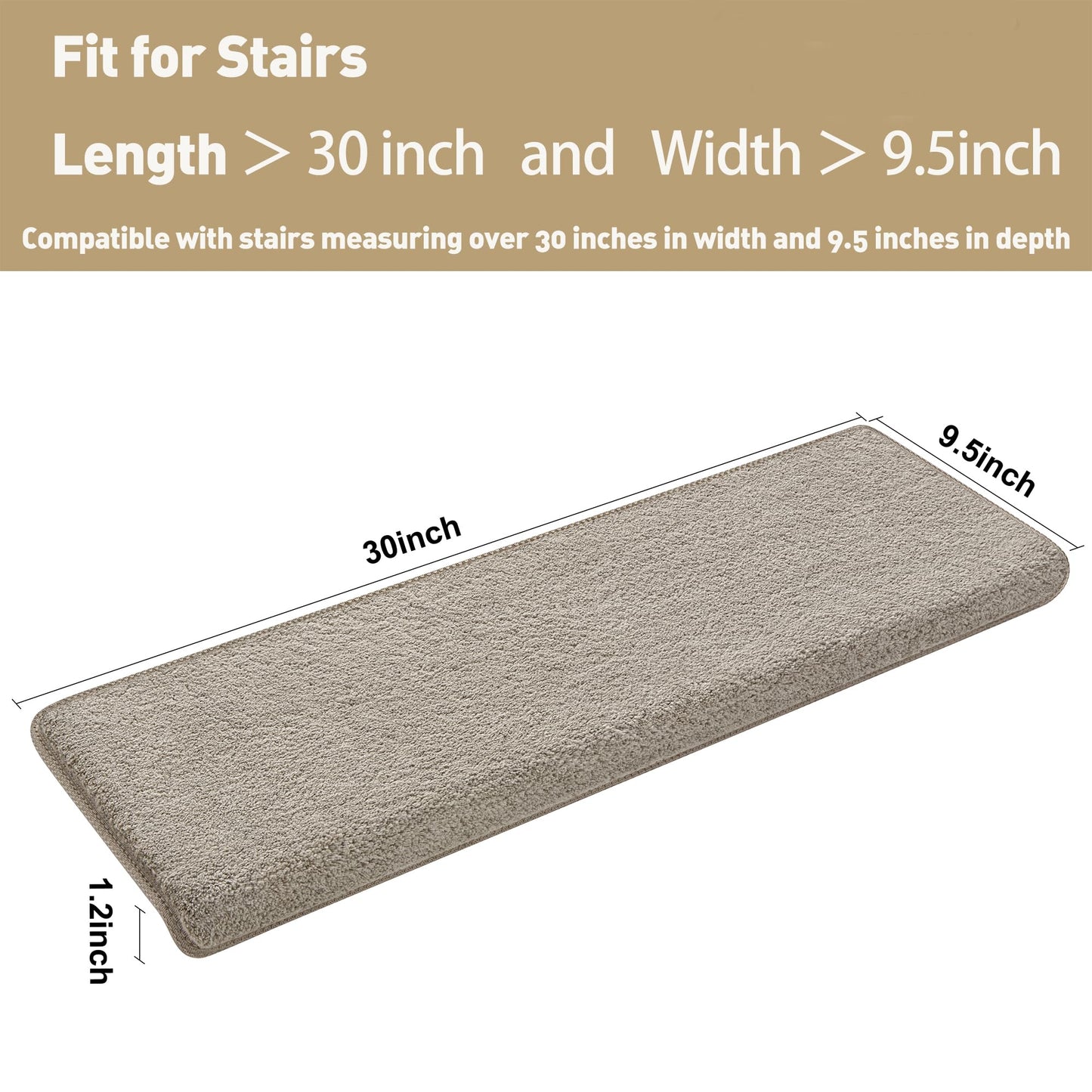 PURE ERA Carpet Stair Treads Ultra Plush 9.5" X 30"Soft Bullnose Indoor Stair Protectors Pet-Friendly Non-Slip Skid Resistant Tape Free Washable Reusable(14 Pieces, Cream Gray)