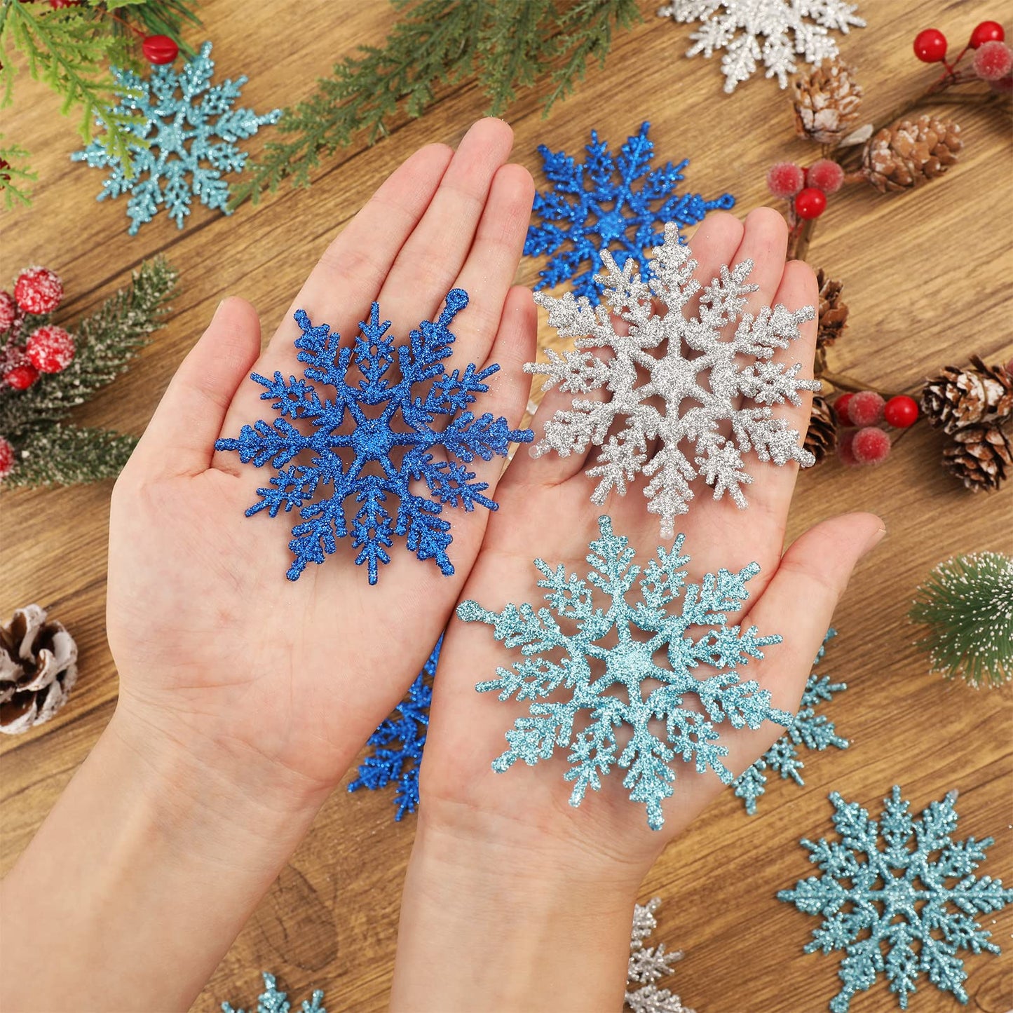 Whaline 45Pcs Winter Snowflake Hanging Ornament mas Glitter Blue Silver Pendant with String for Christmas Tree Winter Wonderland Holiday Party Decor