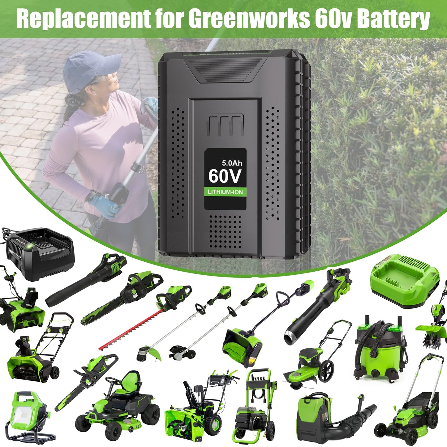 KUNLUN 5.0Ah 60V Replacement Battery Compatible for Greenworks 60v Battery Max Lithium Lon Battery LB60A03 LB60A02 LB60A00 Cordless Power Tool Batteries