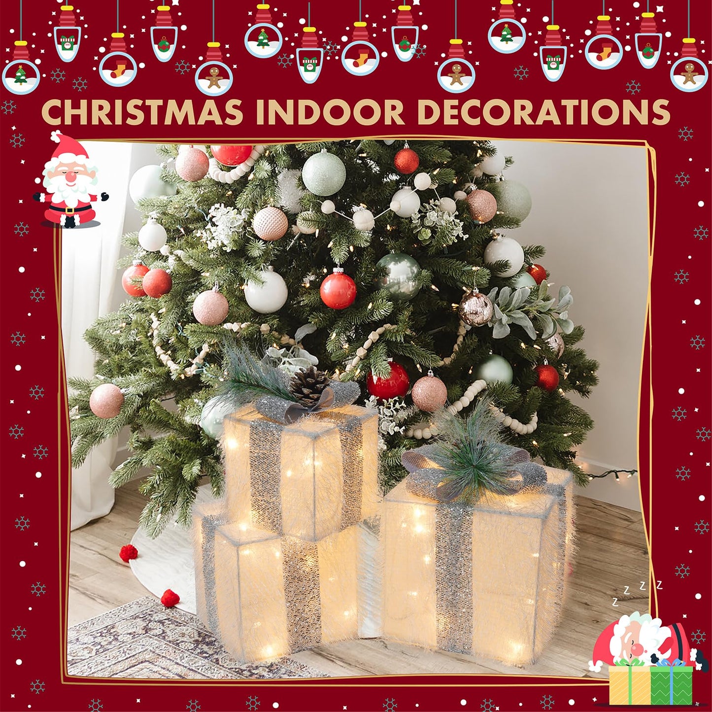 Set of 3 Christmas Lighted Gift Boxes with 60 LED Lights, Plug-in Holiday Decorations for Xmas Tree, Home, Indoor Outdoor Décor(Silver)
