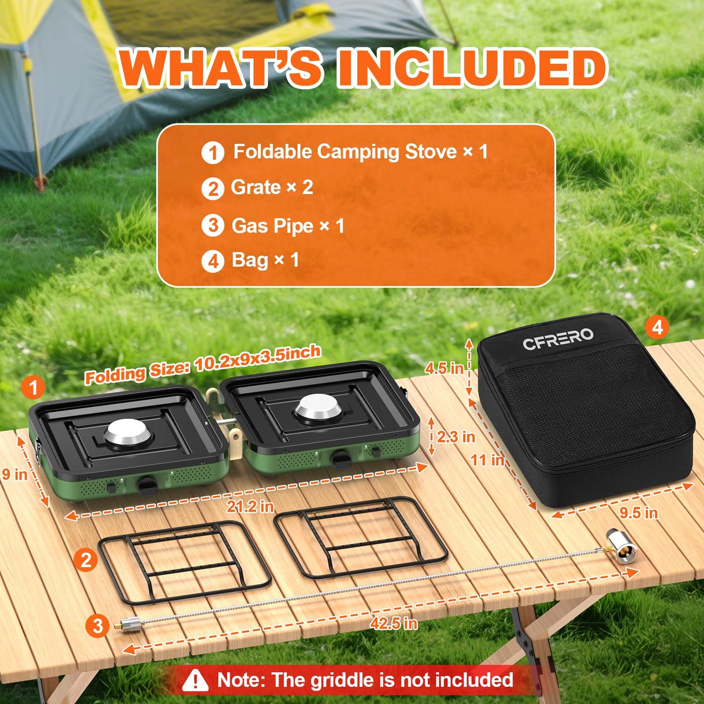 Propane 2-Burner Foldable Camping Stove with Carry Bag, Portable Propane Camp Stoves with Adjustable Burners & Piezo Ignition for Outdoor Cooking, Tailgating, Backyard Gathering(Griddle Not Included)