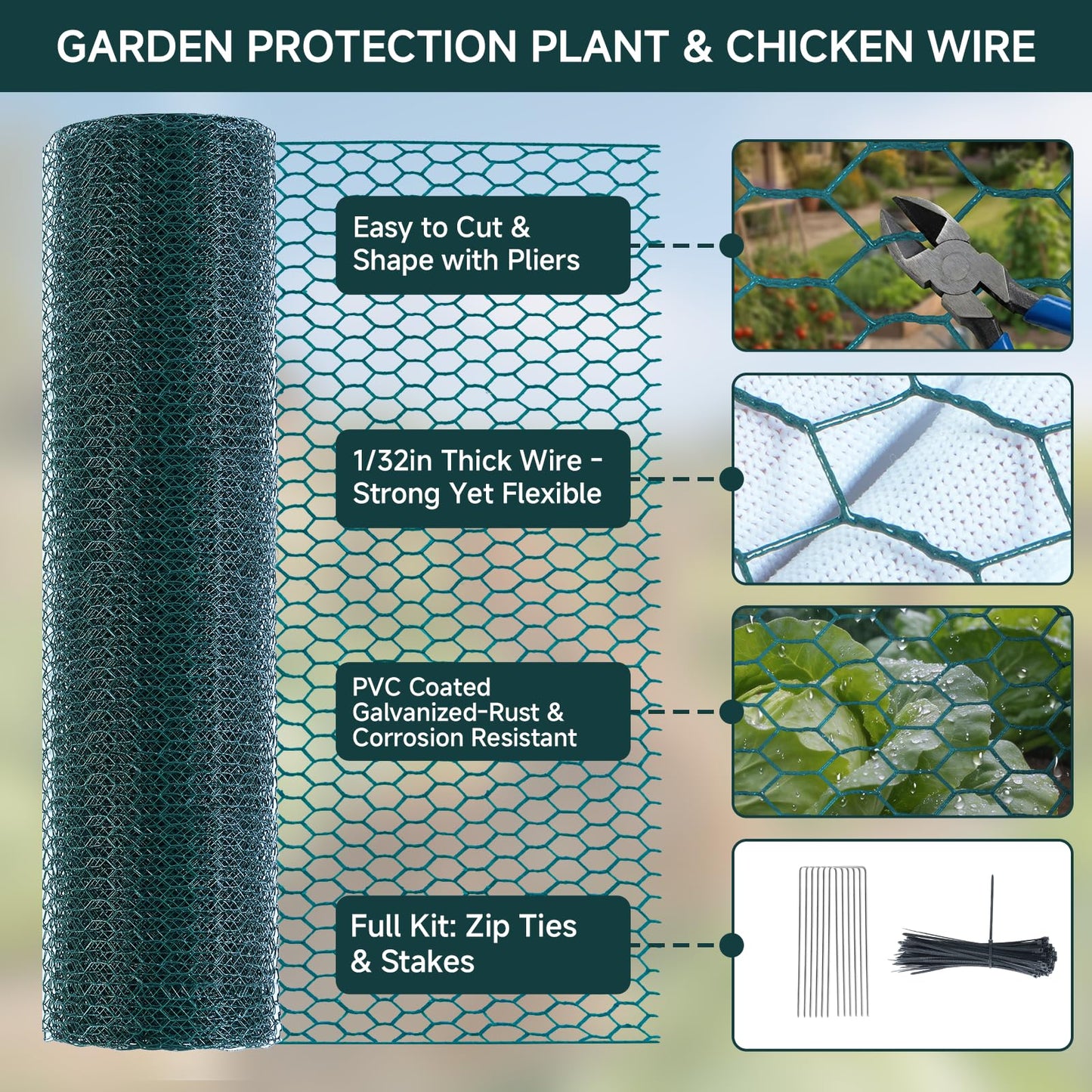 16In x 49.2Ft Plant Protectors from Animals, Wire Plant Cages for Outdoor Plants Chicken Wire Garden Protection from Animals Plant Fence Protectors to Keep Animals Out with Ground Stakes & Nylon Ties