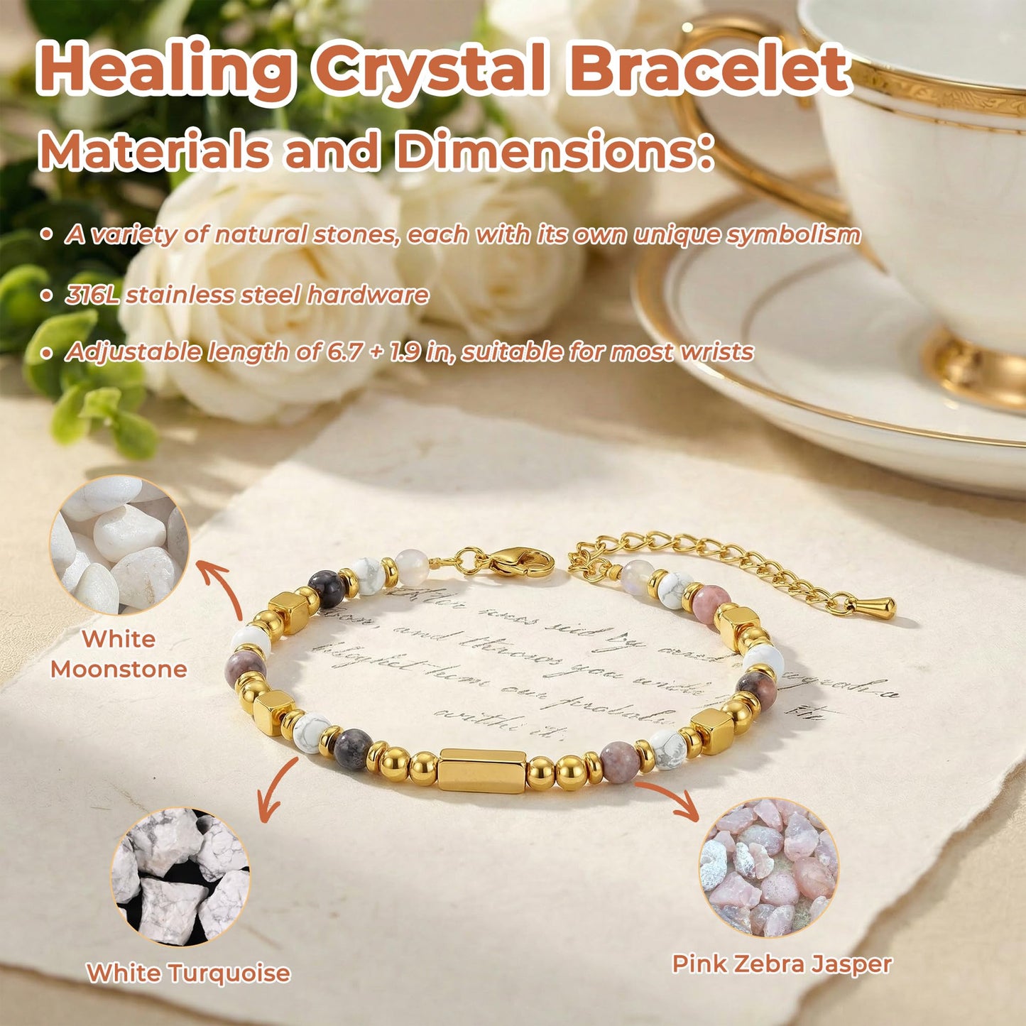 QINJIEJIE Peace Calm Bracelet for Women Moonstone Turquoise Pink Zebra Jasper Stone Healing Crystal Jewelry Spiritual Gifts for Friends Daughter Mom 6.7+1.9 Inches